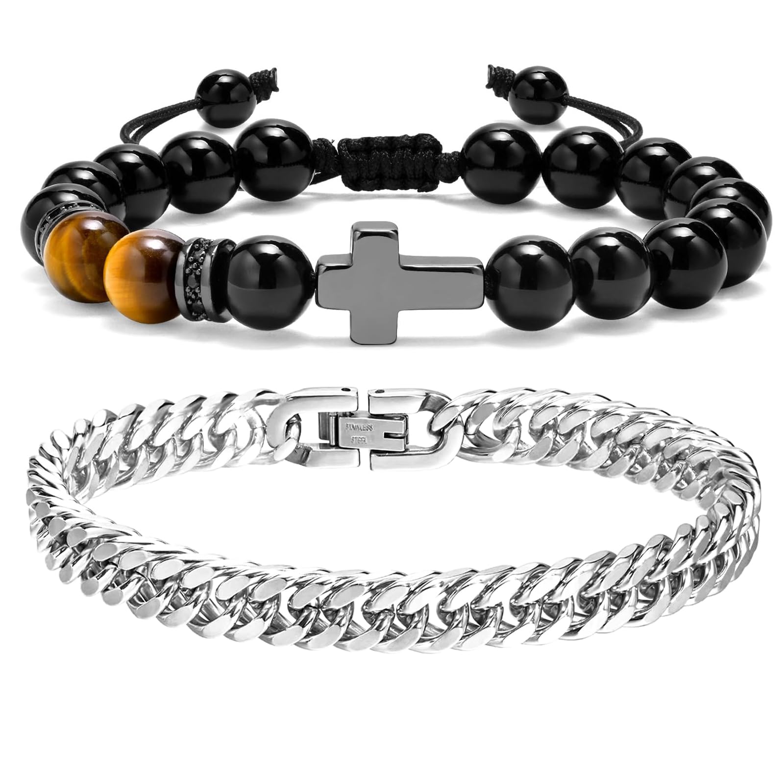 Mochity 2pcs Pulsera Hombre Acero 21cm, Pulseras Hombre Plata Oro Negro, Pulsera Hombre Acero Inoxidable, Regalos Para Hombres, Brazalete Hombre, Pulsera Acero, Joyas Hombre