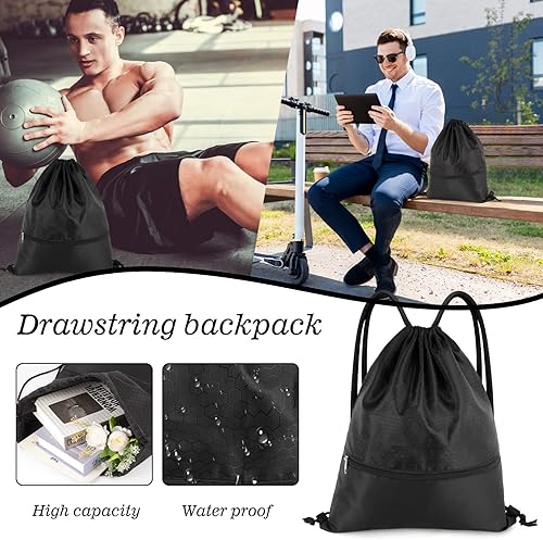 Miniatura 6 de Mochila con cordón, bolsa impermeable con cordón de extracción con bolsillo con cremallera, bolsas de gimnasio con cordón para hombres y mujeres,
