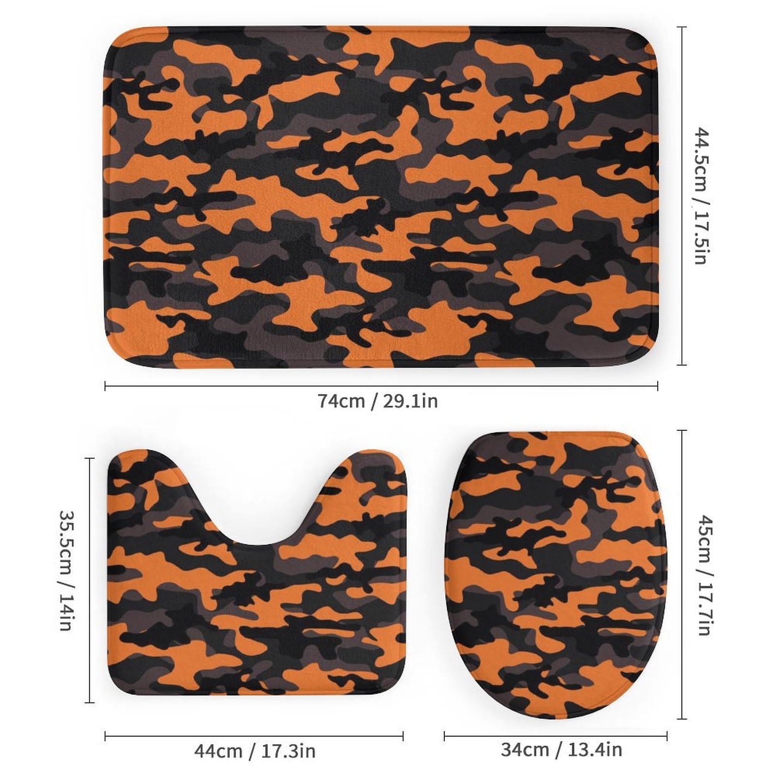 Ensemble de 4 pièces de salle de bain avec rideau de douche et tapis – Tapis de salle de bain tendance et moderne à imprimé camouflage orange noir – Accessoires de décoration pour forme de U et tapis