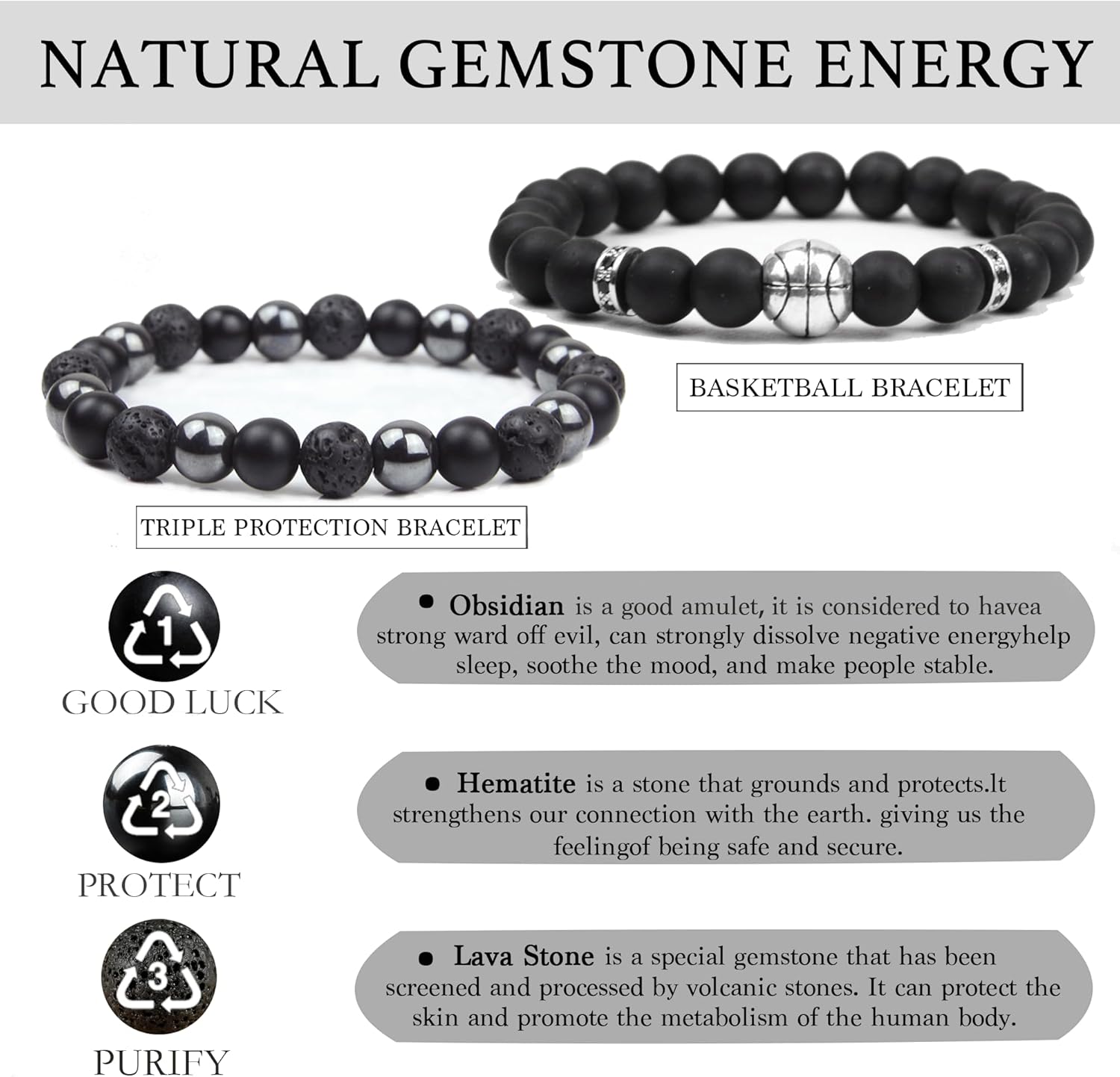Black Obsidian Bracelet for Men - Black Tourmaline Beaded Bracelets - Mens Bracelet Set 8MM Black Onyx Hematite Lava Stone Beads Triple Protection Bracelet for Men Women Gifts - Image 3