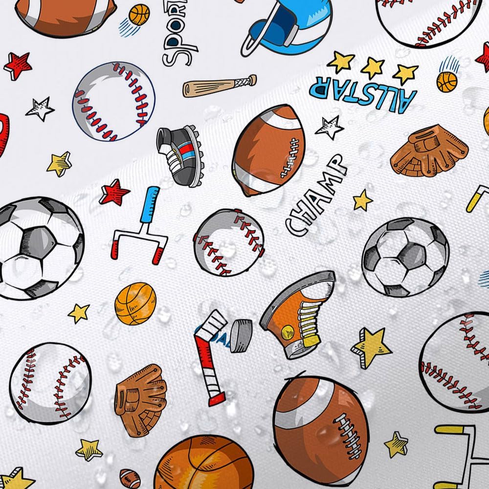 JAWO Sports Shower Curtain for Kids Children Teens, Basketball Football Baseball Hockey Star White Shower Curtain Sports Bathroom Decor, Fabric Baseball Shower Curtain Set with Hooks (72X78), White
