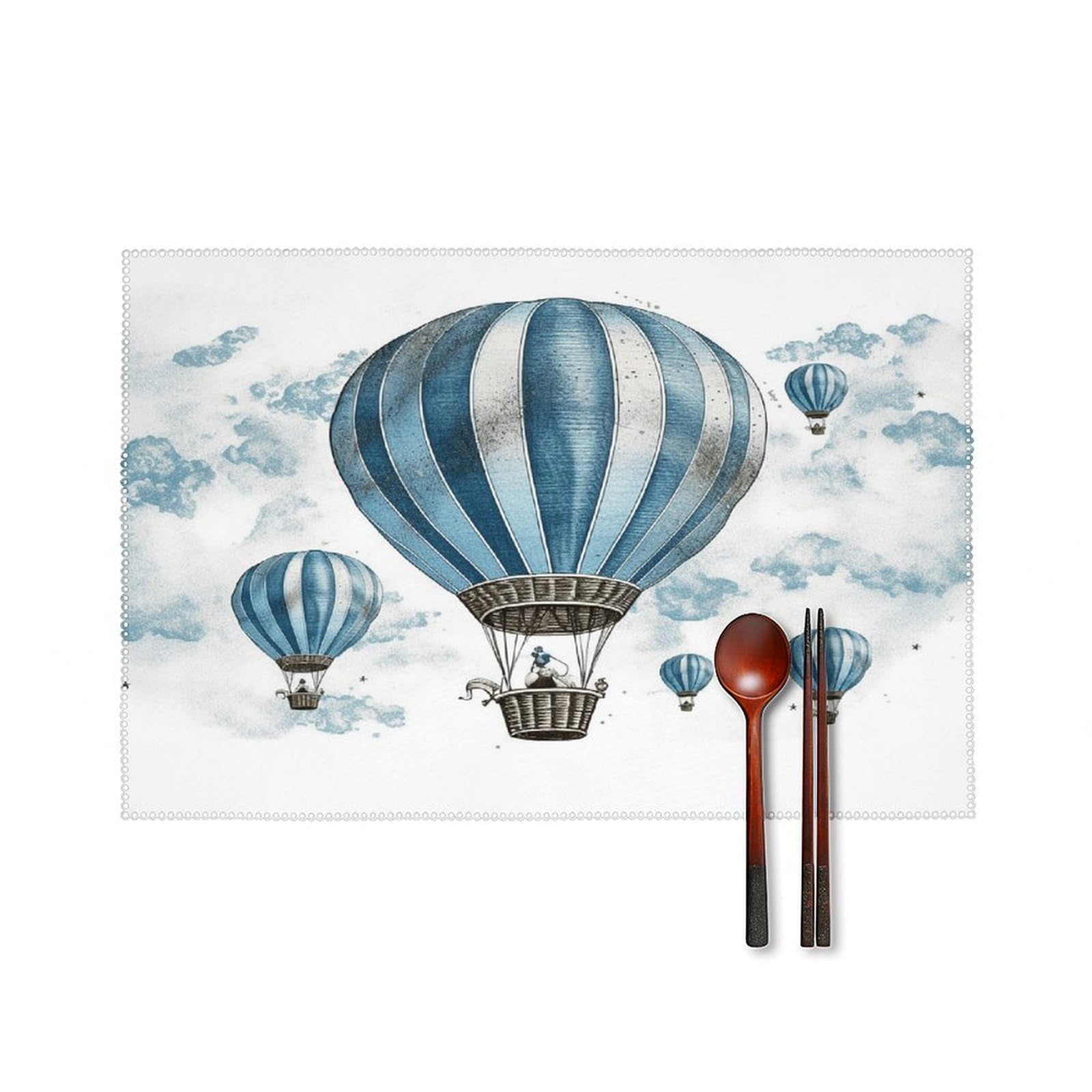 Blue Hot Air Balloon Placemats Set of 6 Non-Slip Stain Resistant Indoor Outdoor Table Mat Washable Cloth Place Mat Fashion Kitchen Placemat for Dining Table Decoration 17.7x11.8 in