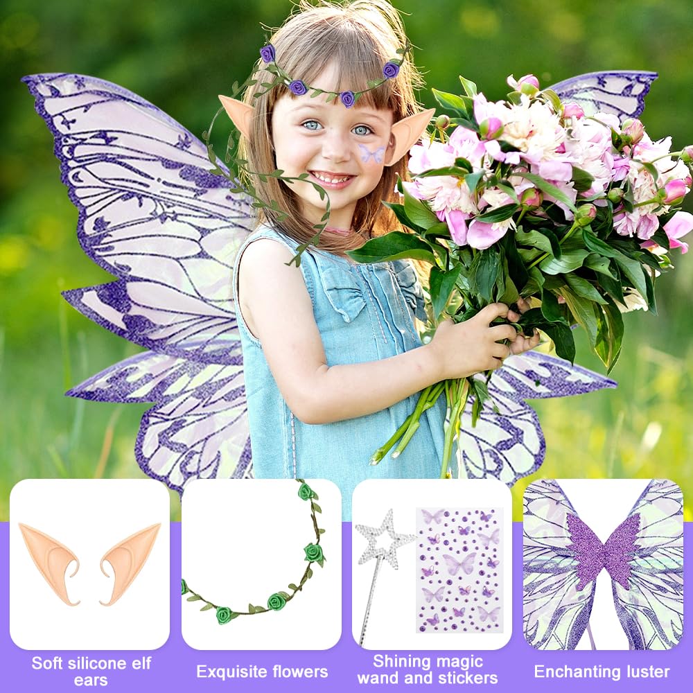 XEERUN Fairy Wings for Girls Women, Butterfly Wings for Adults, Butterfly Elf Dress up Set, Fairy Wand Crown Ears for Halloween Costume, Bride Flower Boy Accessories, Dress Up Cosplay Party (Purple) - Image 2