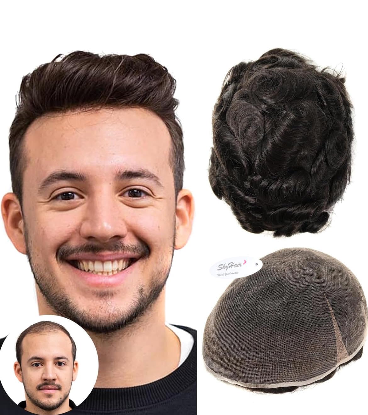 SkyHair Paper Thin Full Lace Unit for Men 0.03 mm Ultra Natural Look All Around, Premium Men's Hair Patch, Skin Scalp & Undetectable Front Hairline, Dark Brown, Can Be Cut to Any Size (10x8)-image-49