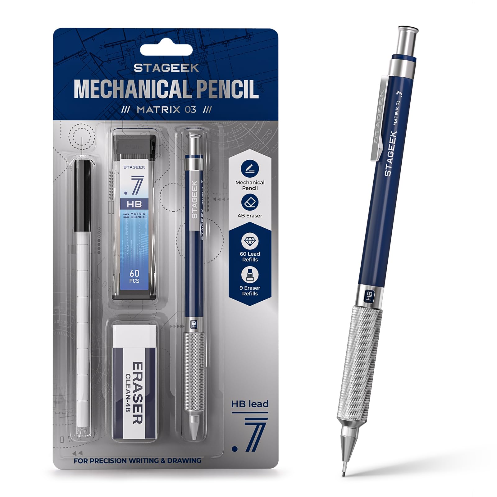 0.7mm Mechanical Pencil, Drawing Pencil, with Eraser, 60 HB Leads