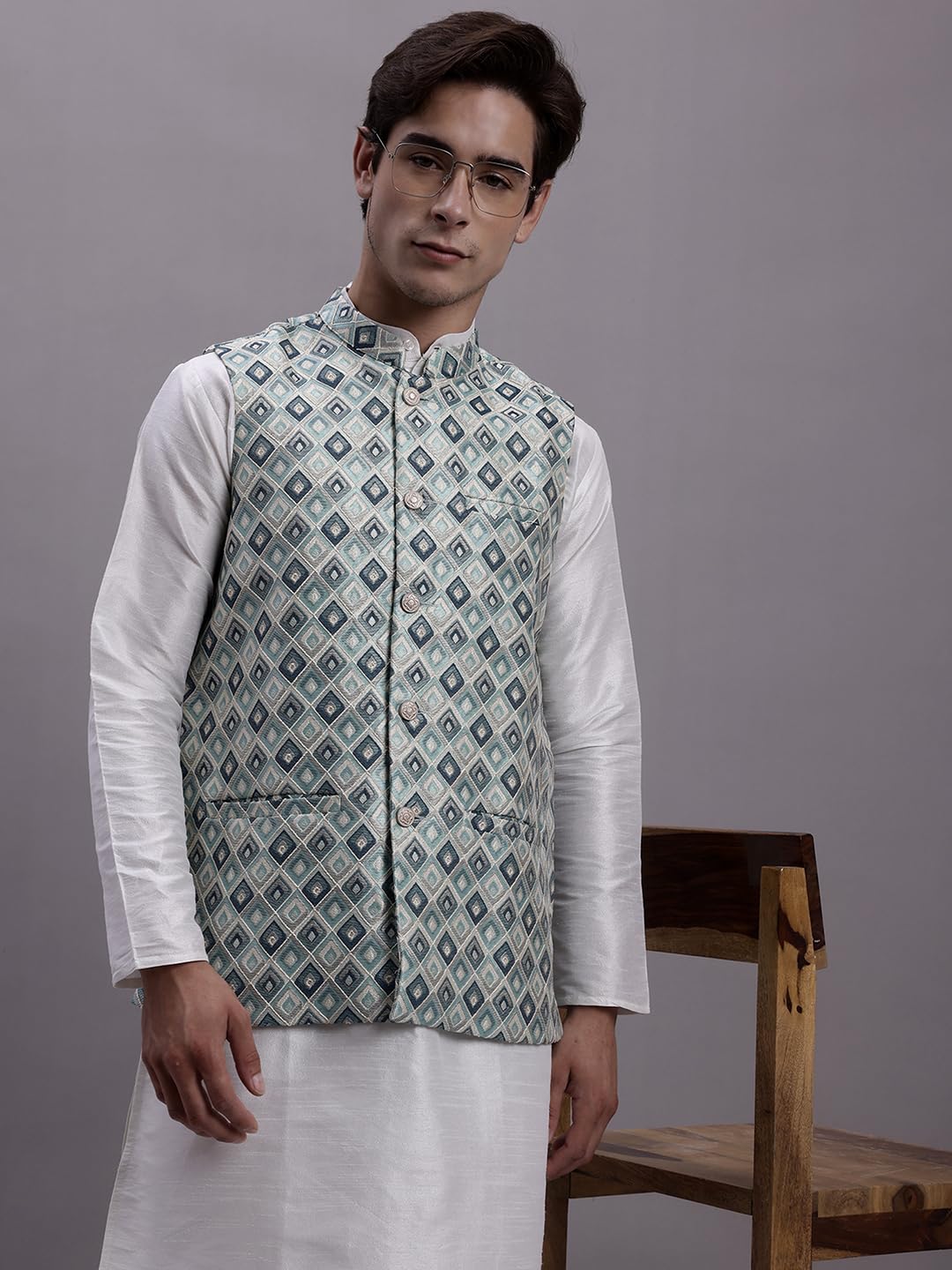 Jompers Men's Woven Design Waistcoat (Sky, L) 1
