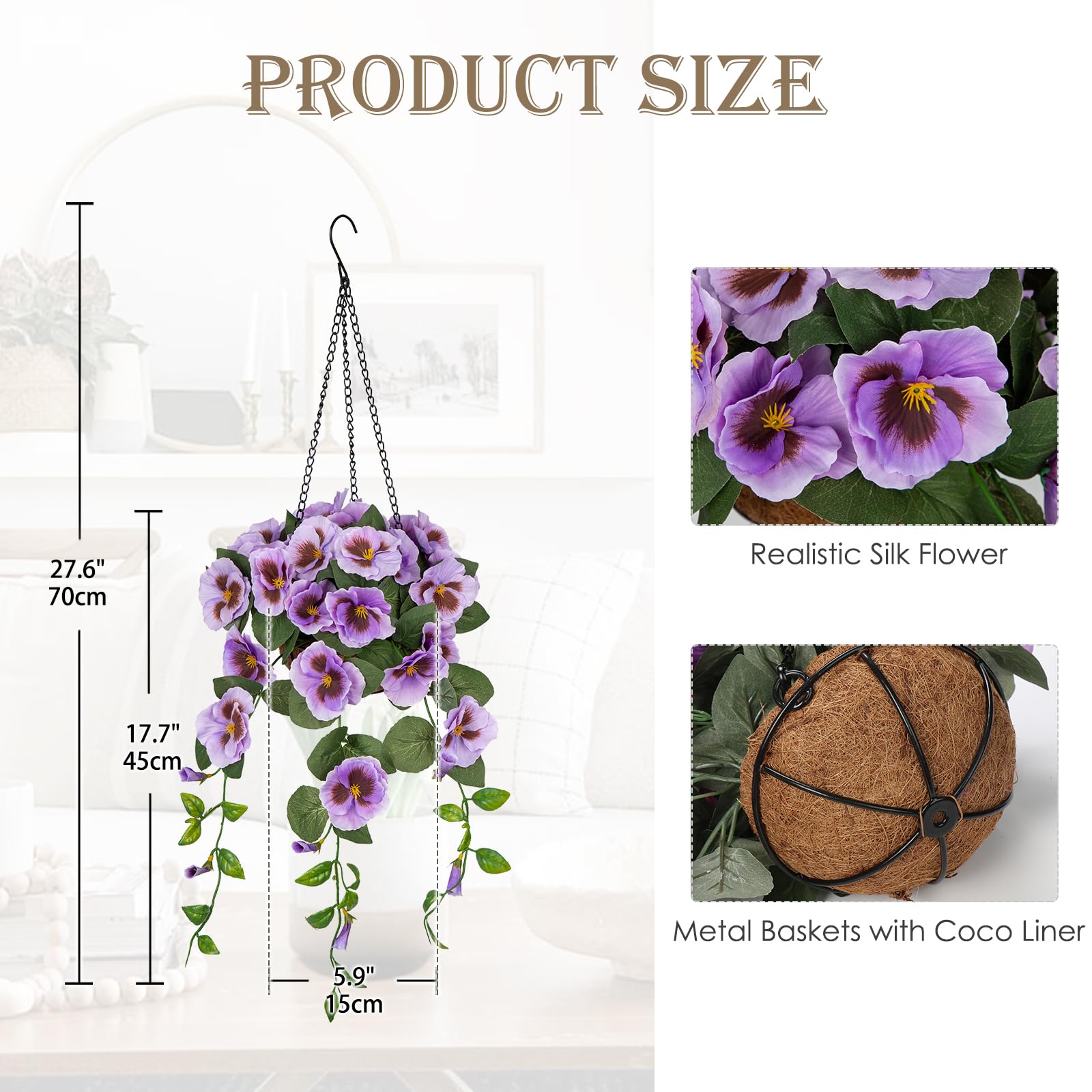 Hollyone 17.7" Hanging Basket Artificial Flowers Outdoor, Silk Pansies Purple Fake Flowers - Image 2