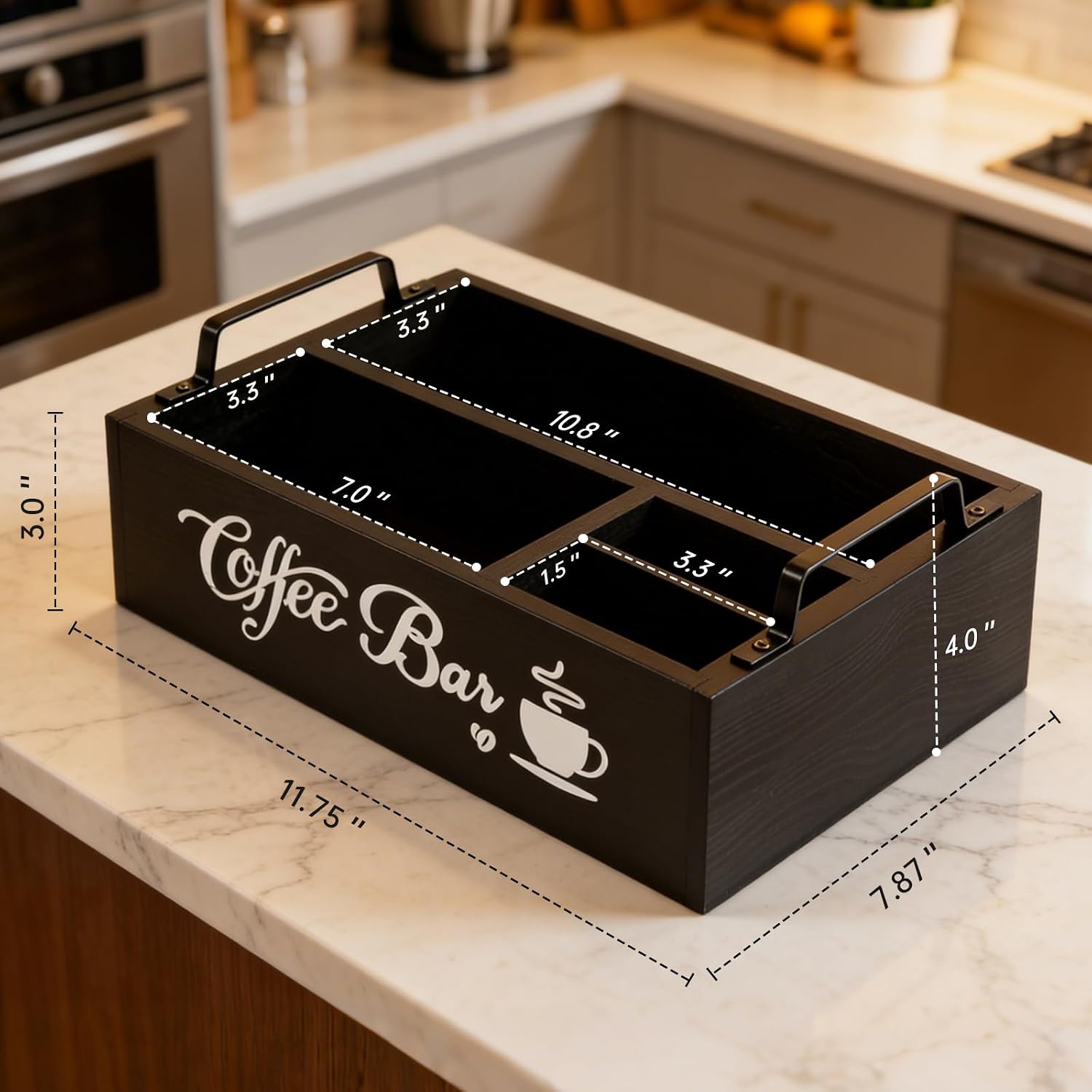 Wood Coffee Bar Organizer with Handle, Coffee Station for Countertop, Station Accessories for Decor, 4 Storage Accessories Tea Bag, Office, Study, Kitchen Accessories Organizer