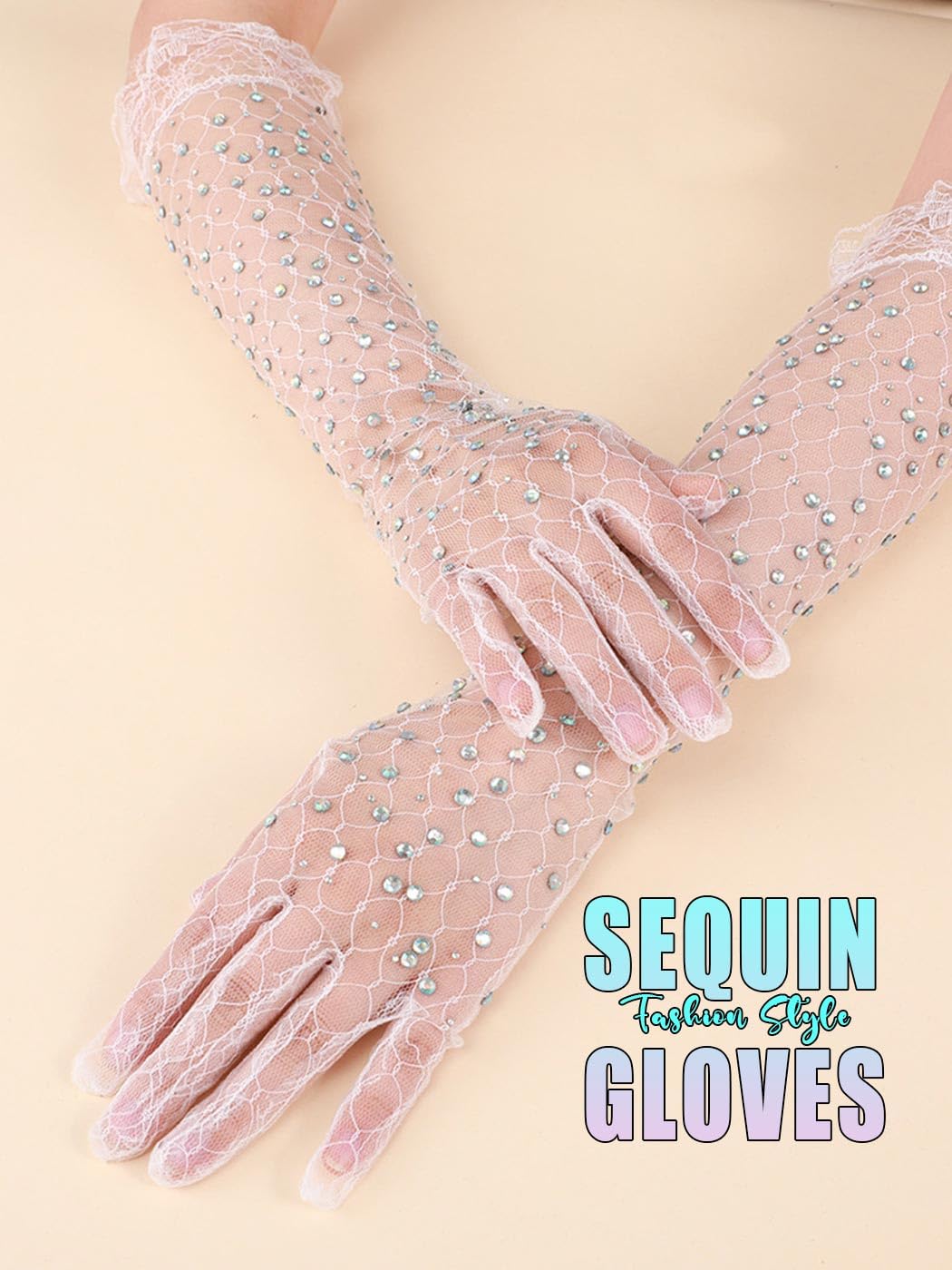 GEMILY White Lace Long Gloves Glitter Rhinestone Sheer Gloves for Women