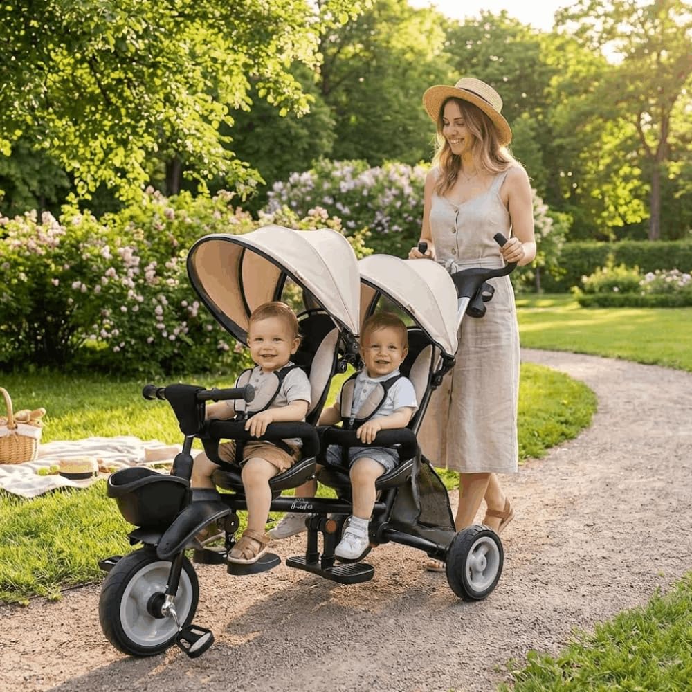 QPlay Triciclo Evolutivo Bebé para Dos | Triciclo para Gemelos o Mellizos, para Bebes Desde 10 Meses hasta los 36 Meses, Paseos en Familia