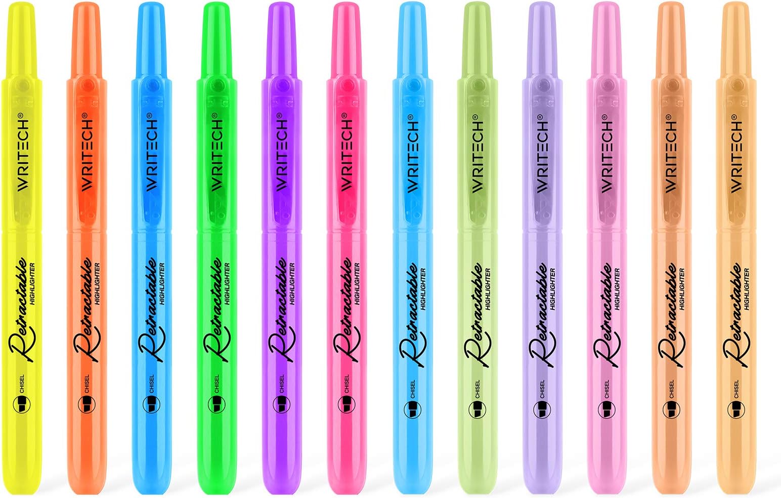 Retractable Highlighters Assorted Colors: Chisel Tip Click Aesthetic Highlighter Marker Pens Pack Multi Colored Ink No Bleed Smear for Highlighting Journaling (12ct Neon+Pastel)