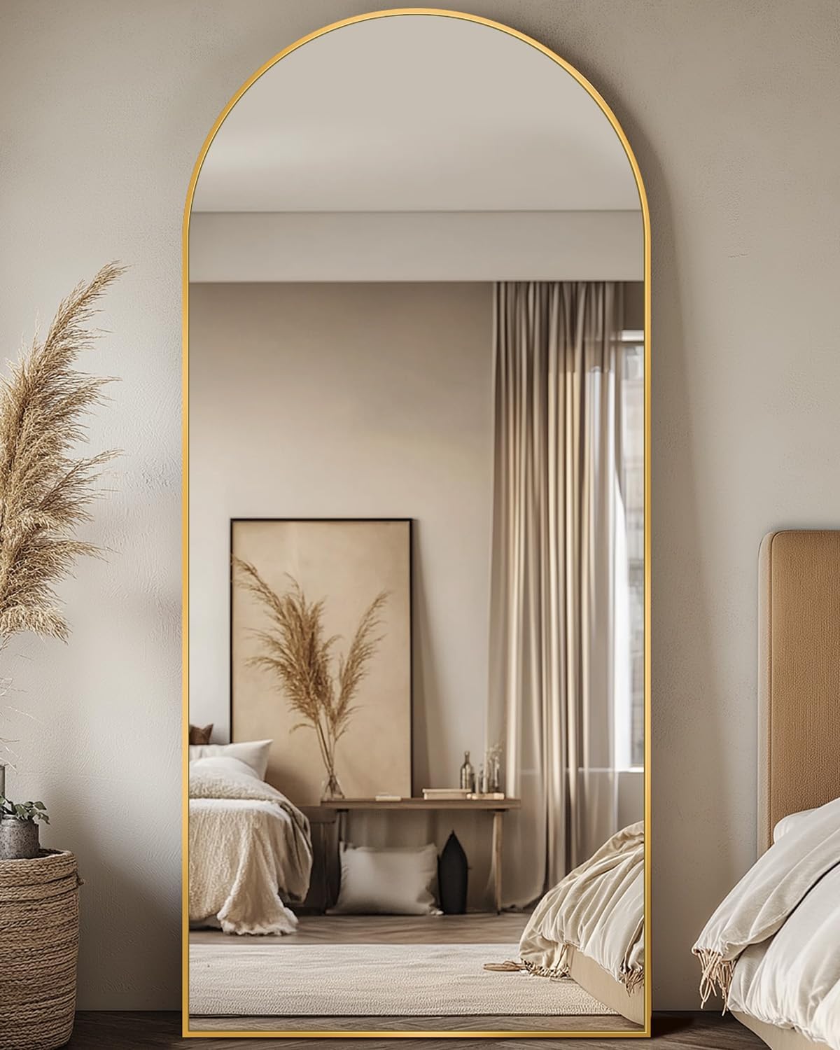 Antok Full Length Mirror, 26"x68" Floor Mirror with Stand, Hanging Mounted Mirrors for Bedroom, Living Room, Cloakroom, Dining Room, Gold, Arched