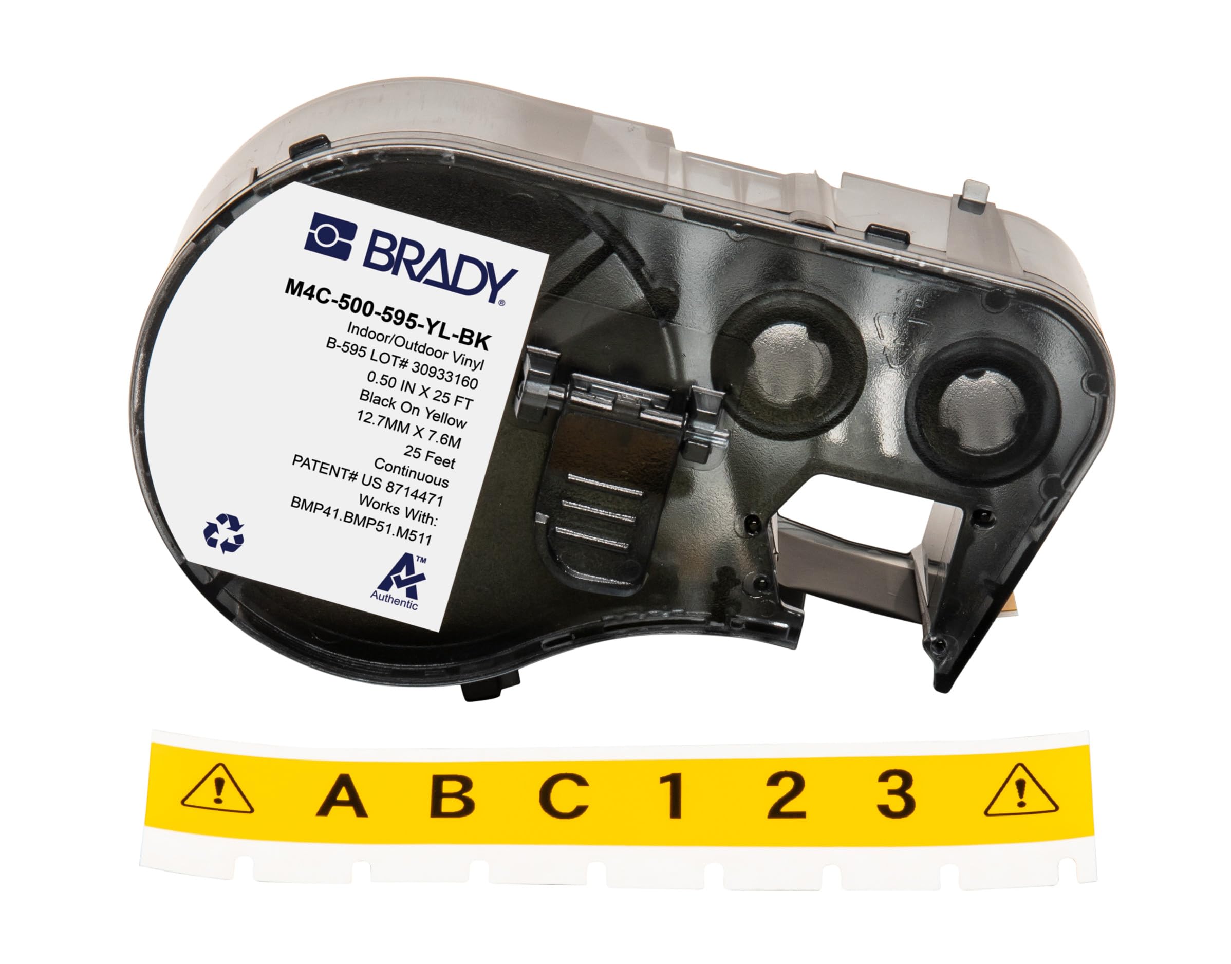 Brady Nastro in Vinile per Stampante Etichette BMP41/BMP51/BMP53/M511 - Etichette Industriali Adesive - Nero su giallo (12,70 mm (L) x 7,62 m (l)) - M4C-500-595-YL-BK