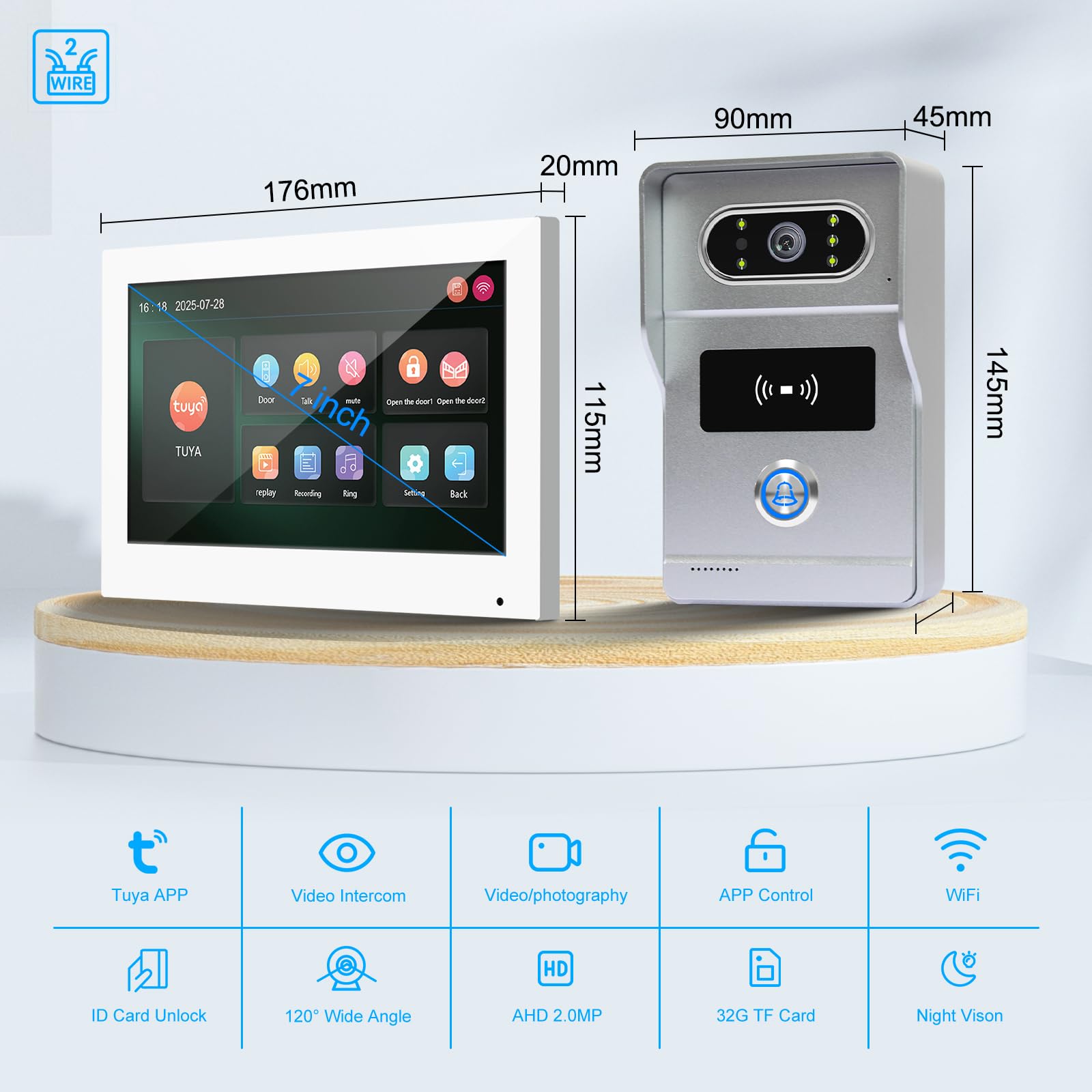 2 Hilos Videoportero WiFi Sistema de Intercomunicación 1080P, Timbre de Video y Pantalla Táctil de 7 zoll con Cable, Desbloqueo RFID &Tuya, Visión Nocturna, IP65, Grabación