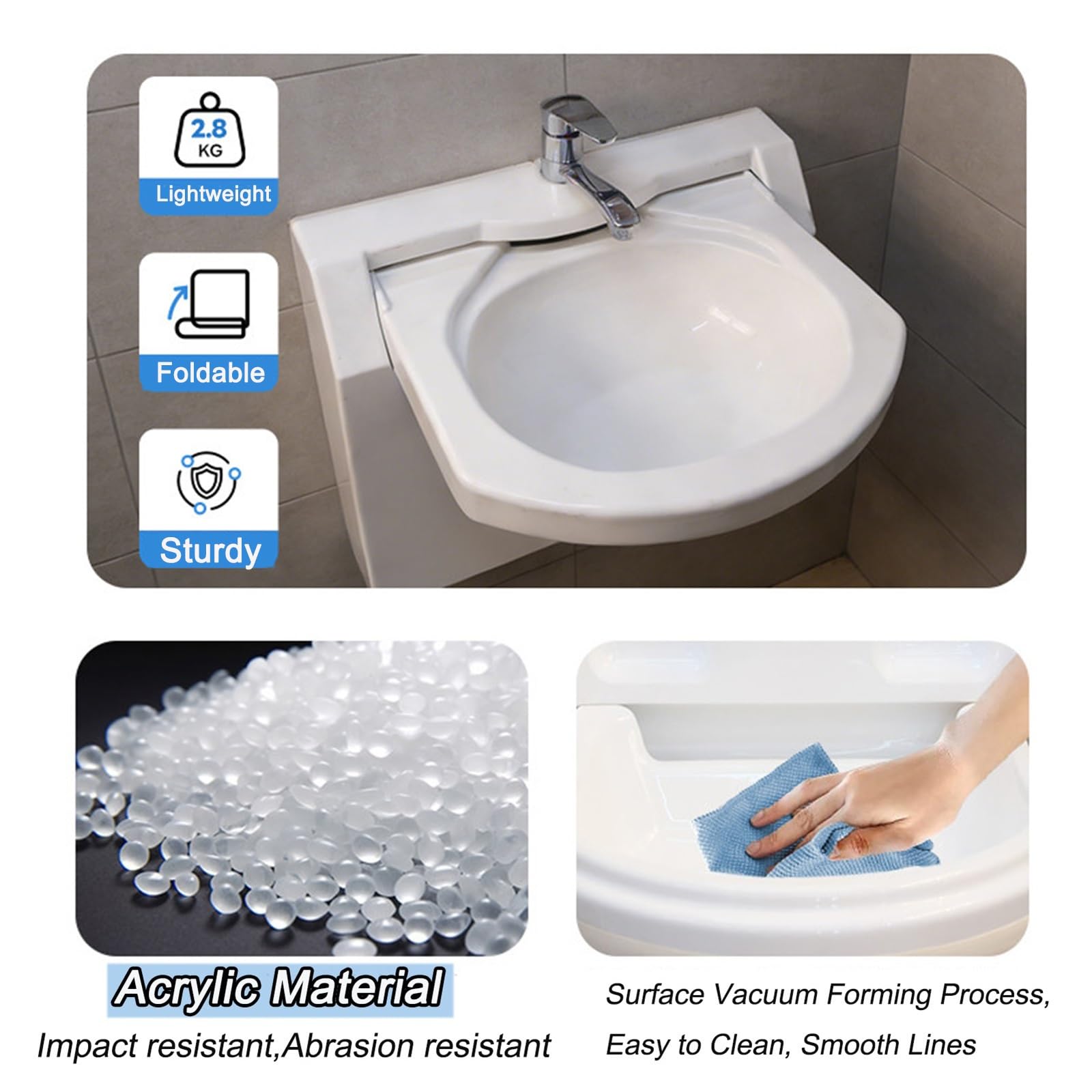 Fregadero Plegable Camping con Grifo de Agua Fría y Caliente, Fregadero Portatil Camping de Pared, Lavabo Caravana de Acrílico para Cocina de Caravana