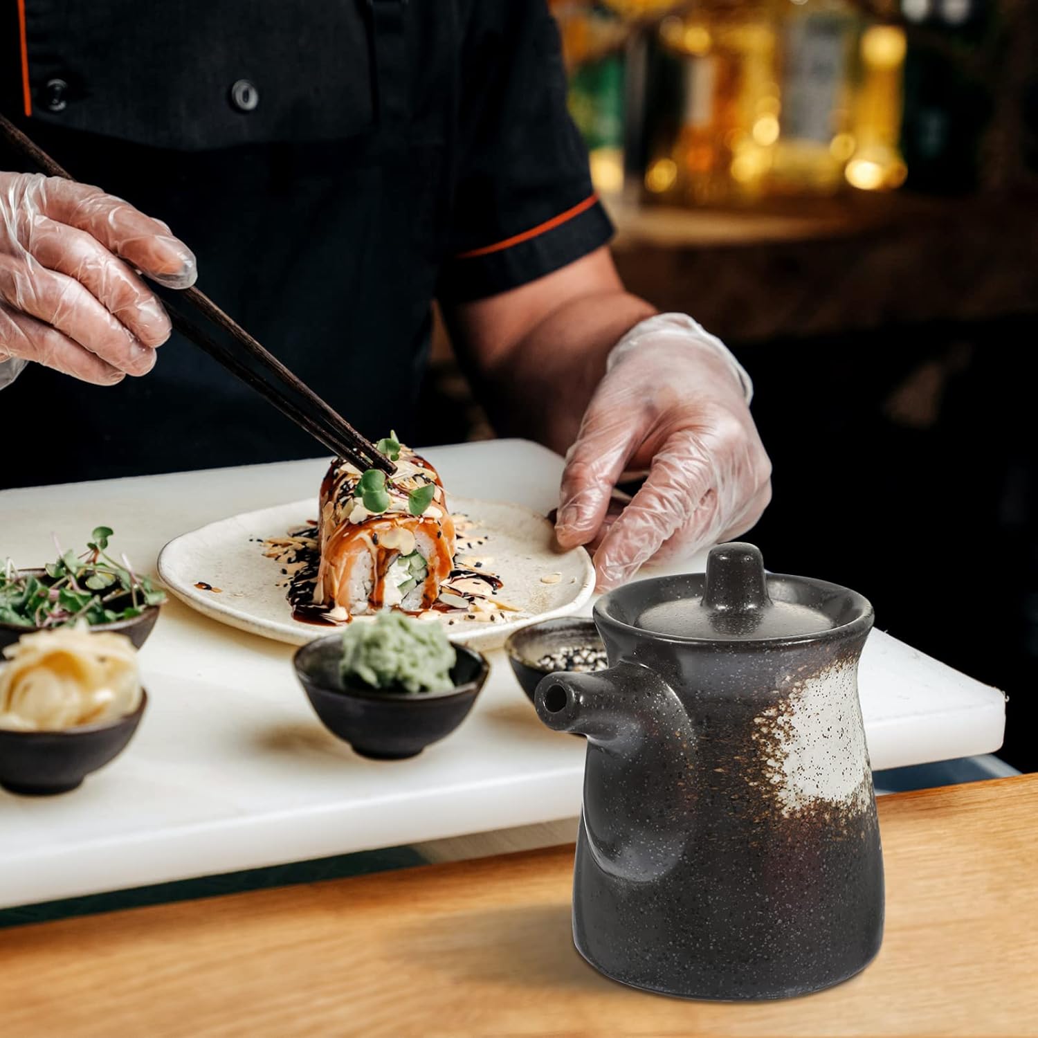 Condition photo showing New/Like New for hemoton japanese style ceramic soy sauce dispenser 6.8oz porcelain seasoning pot with lid decorative vinegar container oil sprayer for kitchen dining table black