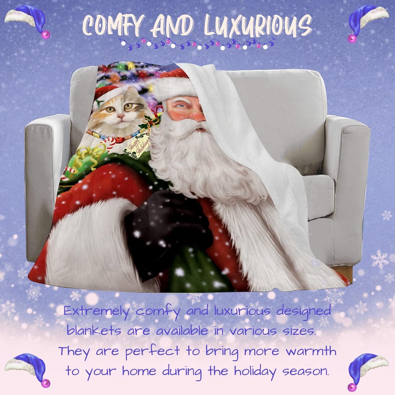 Doggie of the Day American Curl Cat Blanket - Christmas Santa Carrying Presents - Super Soft & Warm Pet Theme for Sofa or Bed, Warm Fleece, Sherpa or Woven Material, BLNKT160014 (50x60 Woven)