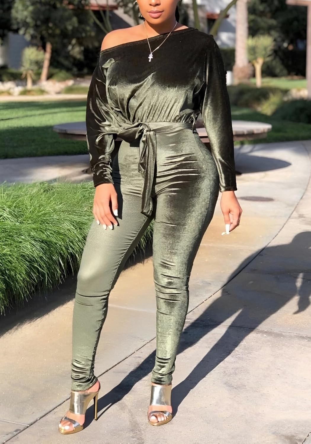 LKOUS Women Velvet Off Shoulder Jumpsuit Long Sleeve Bodycon Pants Suit One Piece Romper Party Clubwear with Belt - Image 6