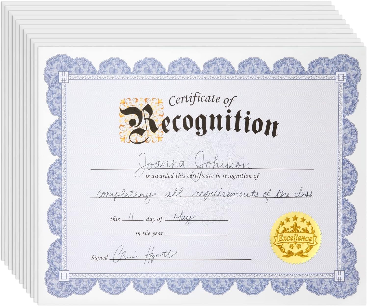 48 Sheets Blue Certificate of Recognition Award Paper with Gold Foil Sticker Seals for Graduation Diploma, Achievements (8.5 x 11 in) : Office Products