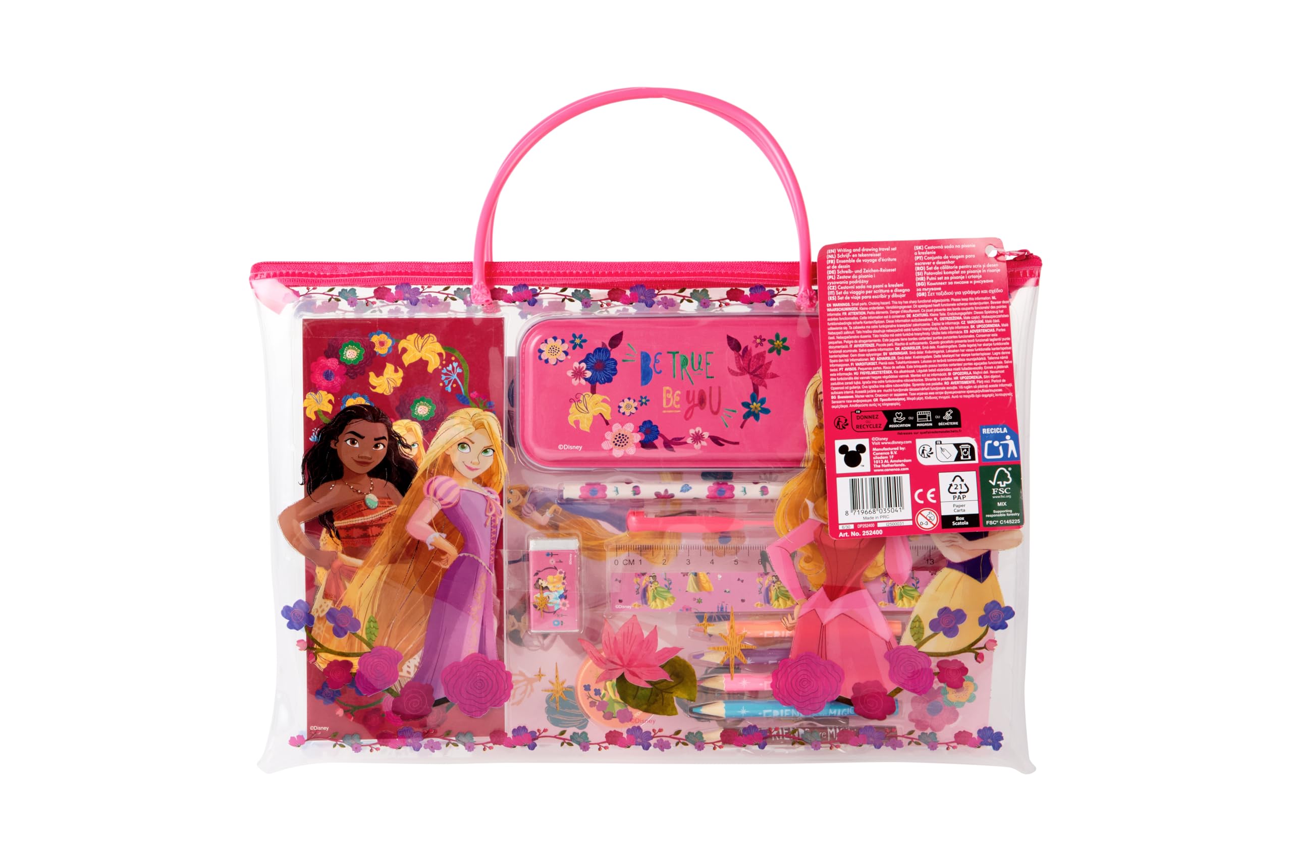 Disney Princess Travel Zestaw do pisania i rysowania Vaiana, Kopciuszek i Roszpunka | Kreatywny zestaw do rysowania i rysowania dla dzieci z piórnikiem, długopisami i liśćmi do kolorowania |