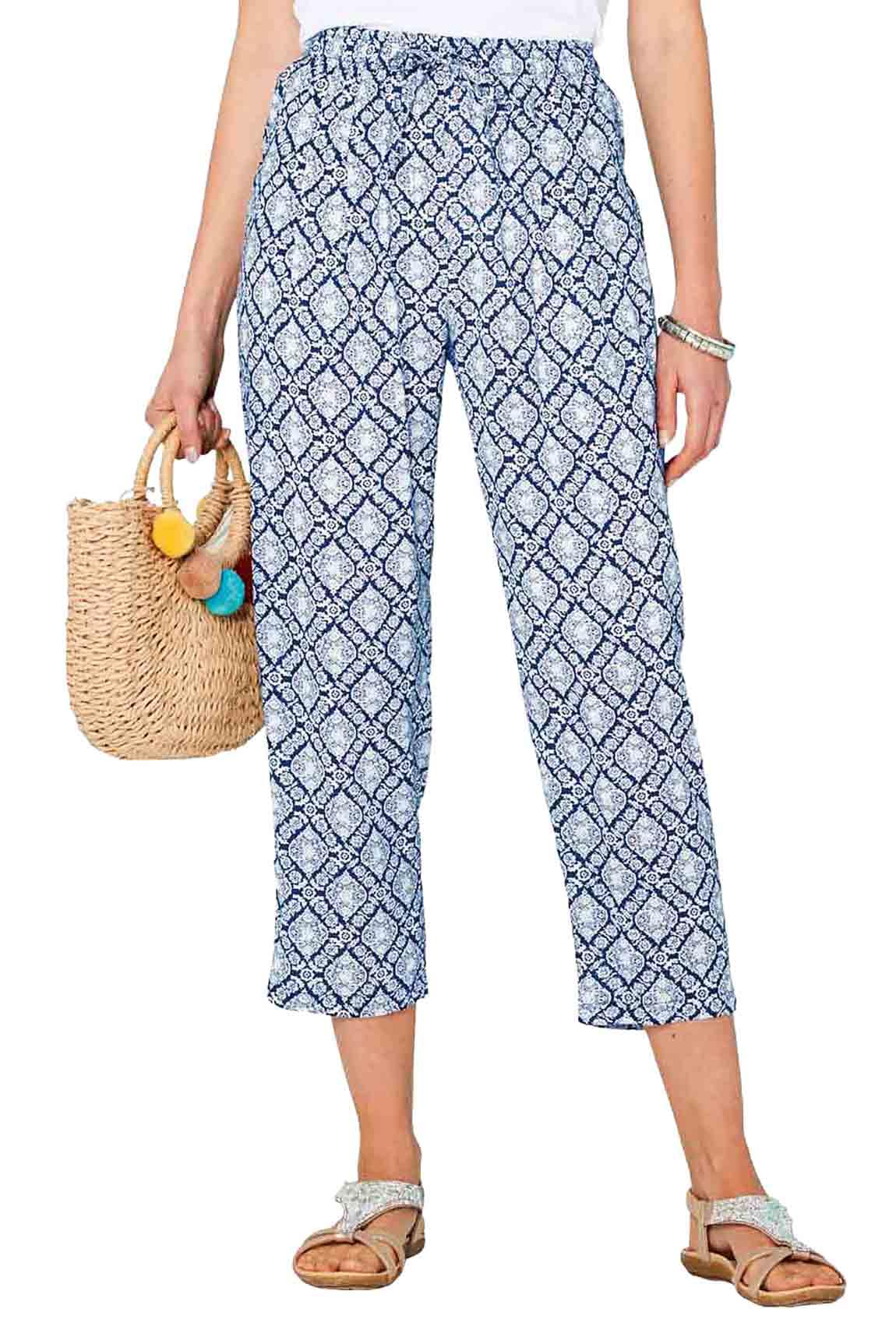 Chums Ladies Viscose Crop Print Trousers, Lightweight 21" Cropped Summer Trousers with Elasticated Drawcord Waist & Pockets, Stylish Printed Navy White Print 14