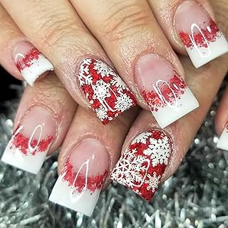 24pcs Christmas Press on Nails Short Square French Tip Fake Nails with Red Glitter Design Winter Snowflake False Nails Glue on Nails Full Cover Artificial Nails for Women Girl Holiday Nail Decoration