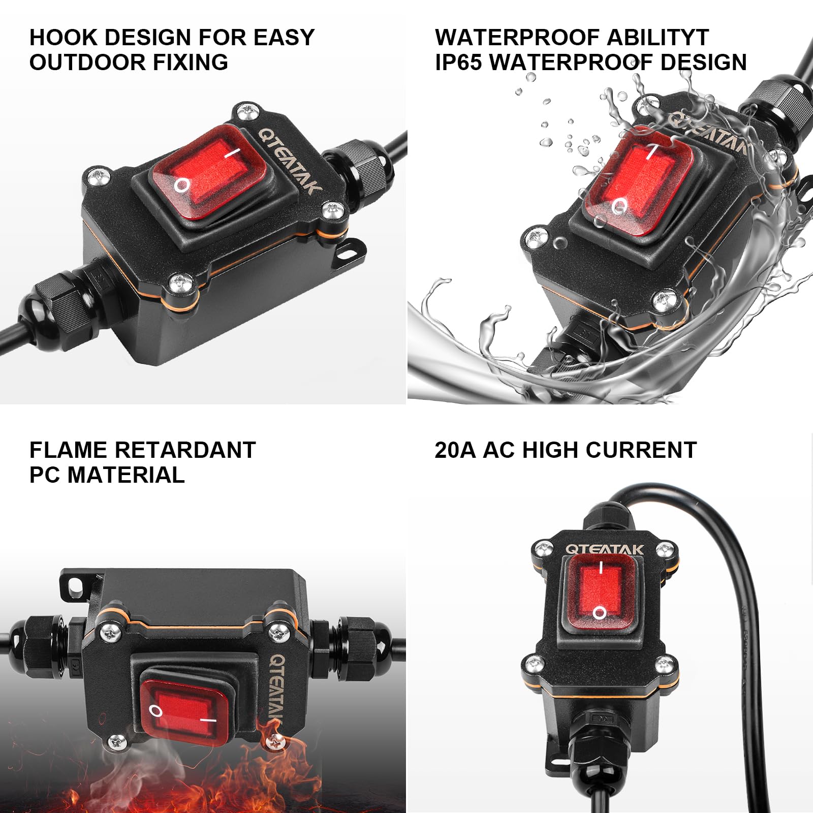 Snapklik.com : QTEATAK Inline Cord Switch DPST AC20A-125V 16A-250V IP66 ...