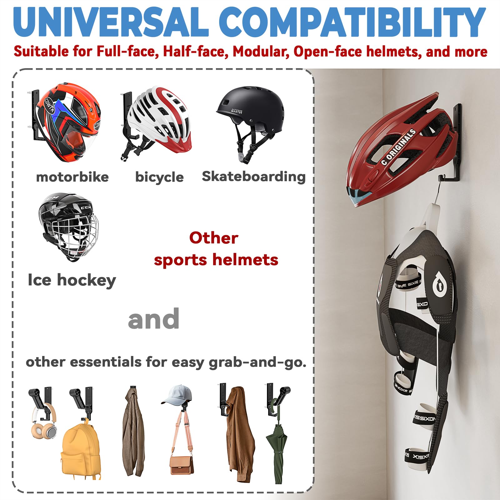 Support Mural 3 En 1 Pour Casque Moto - Rotation 180° - 2 Pièces Avec Double Crochet