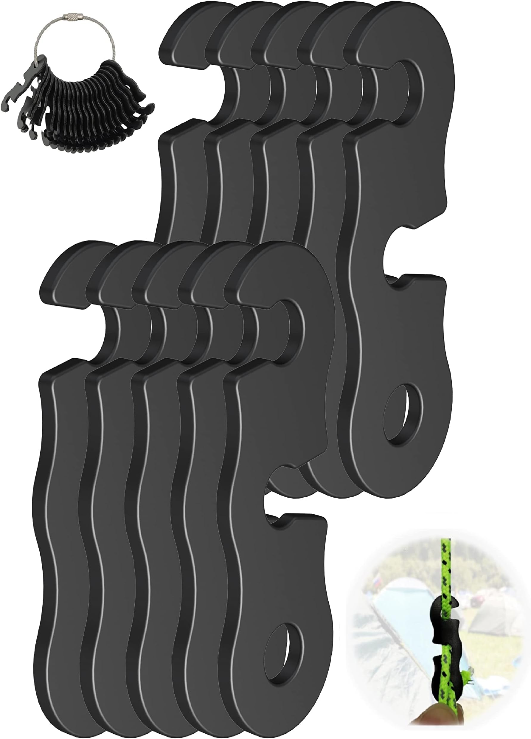 NACETURE Rope Tensioner Aluminum Alloy Camping Tent Guyline Cord Adjuster Camping of Gear for Camping, Hiking, Backpacking Ultralight Tent Stakes Guy Lines (Black, 10 Pack)