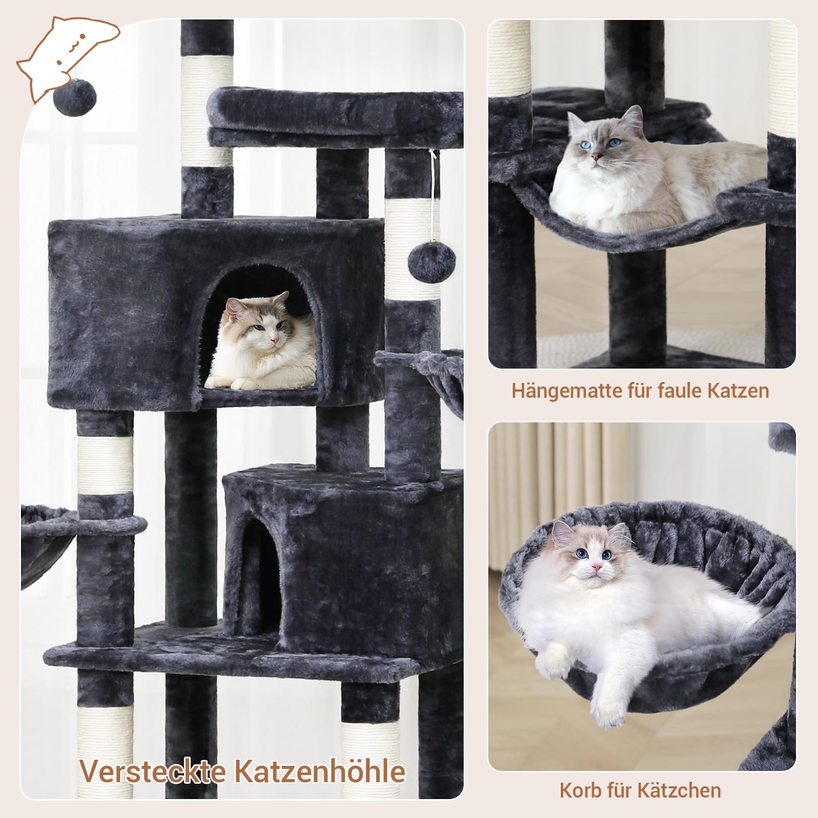 MSmask Rascador grande, 180 cm de alto, árbol para gatos con troncos de sisal, 2 plataformas, 2 cuevas para gatos, cesta, hamaca, árbol rascador para gatos estable, árbol trepador de varios niveles