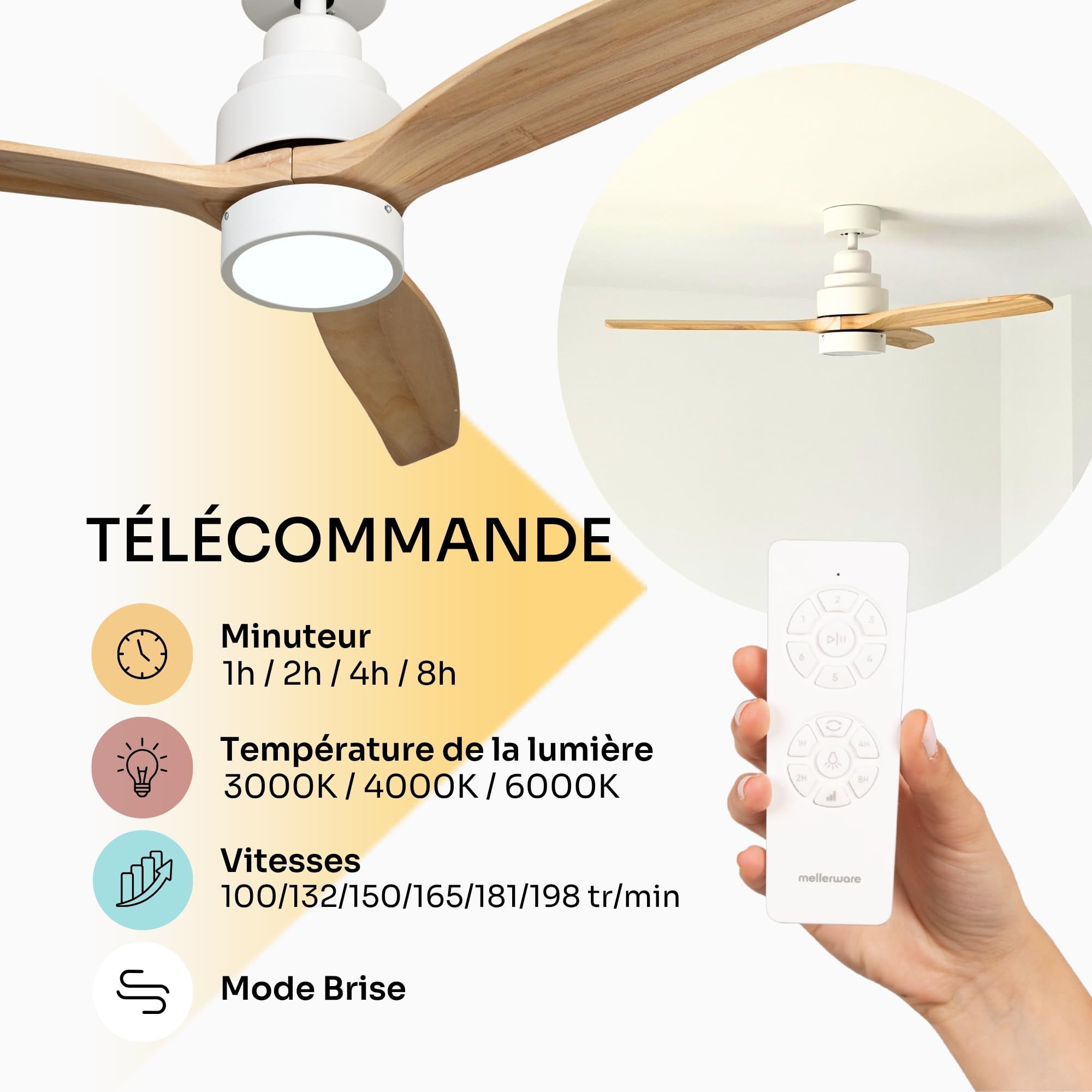Mellerware - Ventilateur de plafond avec télécommande Brizy! Bright 45W | Lampe puissante | Ultra silencieux | 3 lames | Diamètre 132cm | 6 vitesses | Refroidissement + LED intégrée | Bois clair