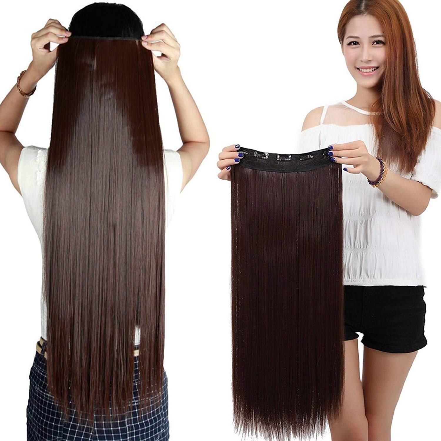 EKAN Synthetic Straight 3/4 Full Head One Piece 5 Clips Hair Extensions (Dark Brown) Pack of 1-image-15