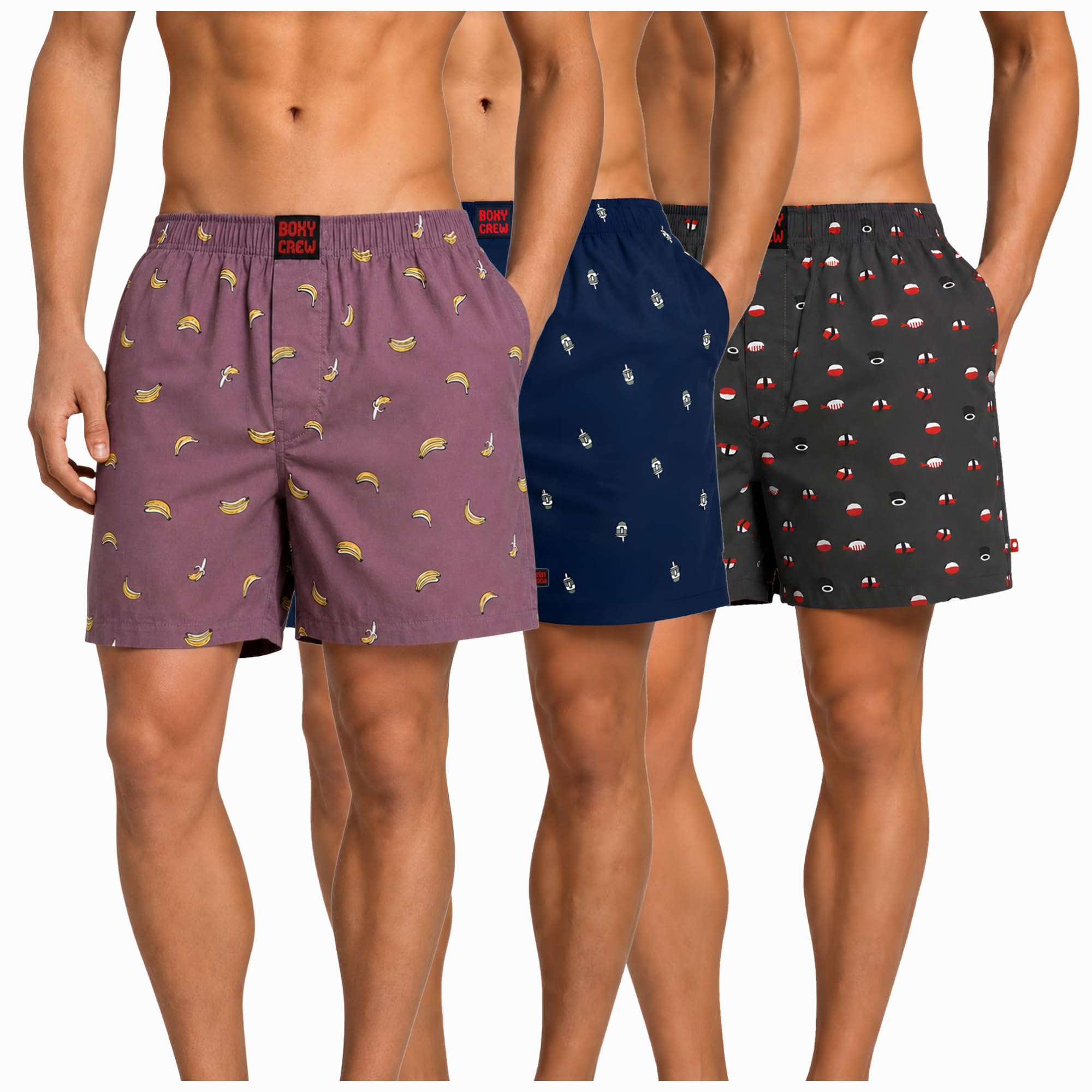 boxy crew Men's 100% Cotton Boxer Shorts Pack of 3, Rose Pink, Navy Blue & Charcoal | Woven Boxers with Side Pockets, No-Marks Elastic Waistband, Breathable Relaxed Fit | Style 006-011-012-picture-13