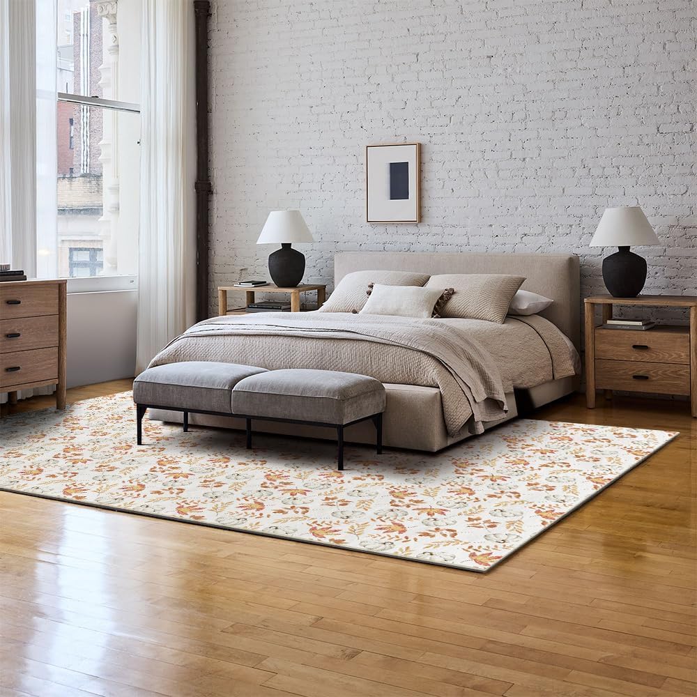 Artoid Mode Orange Pumpkins Maple Leaves Fall Area Rug, Autumn Thanksgiving Home Decor Low-Profile Washable Area Rugs for Entryway Bedroom Living Room Laundry Room Indoor 5x7 Feet