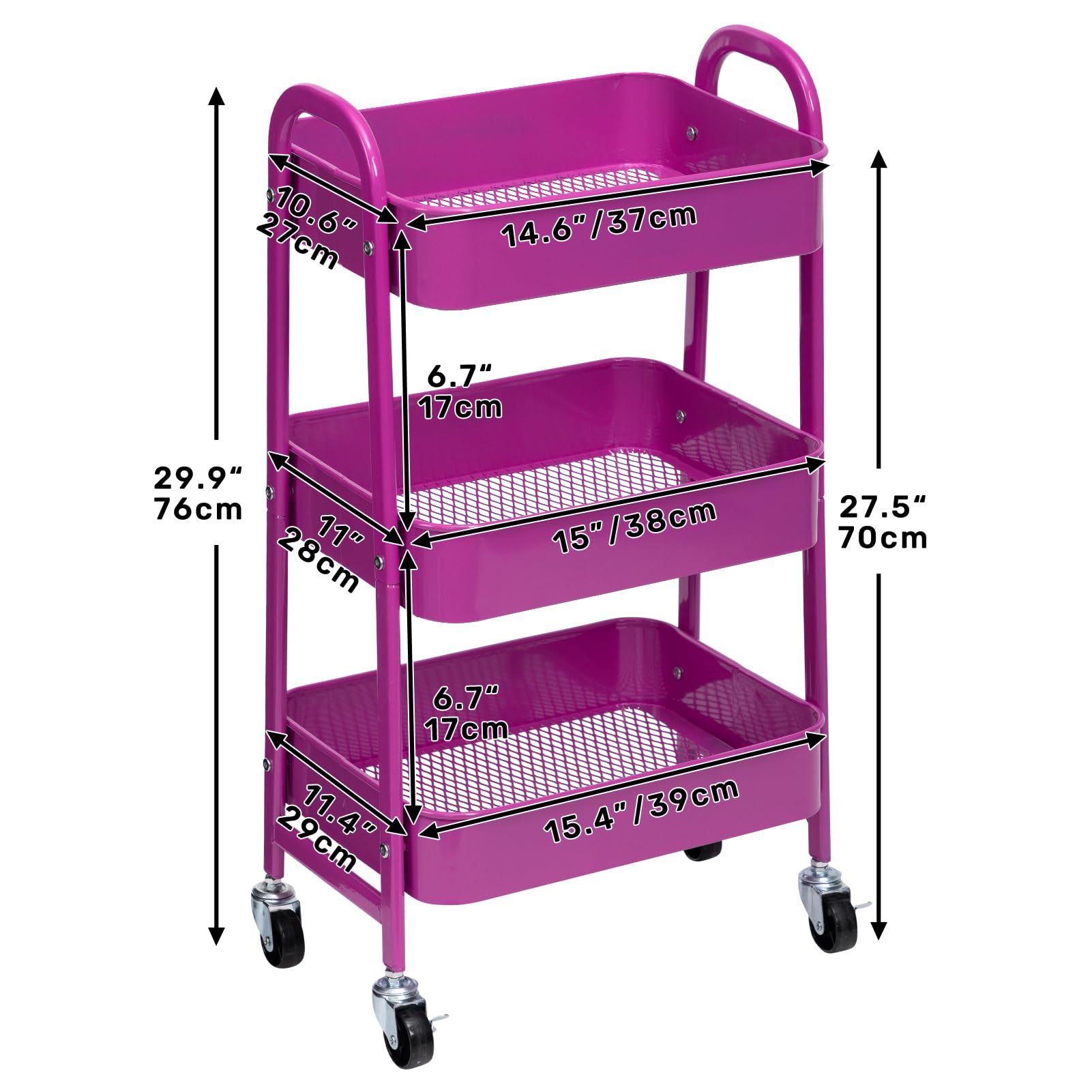 Carrito rodante de metal de 3 niveles con ruedas, estantes versátiles para manualidades de cocina y utilidad, solución de almacenamiento morado oscuro para baño, oficina y hogar