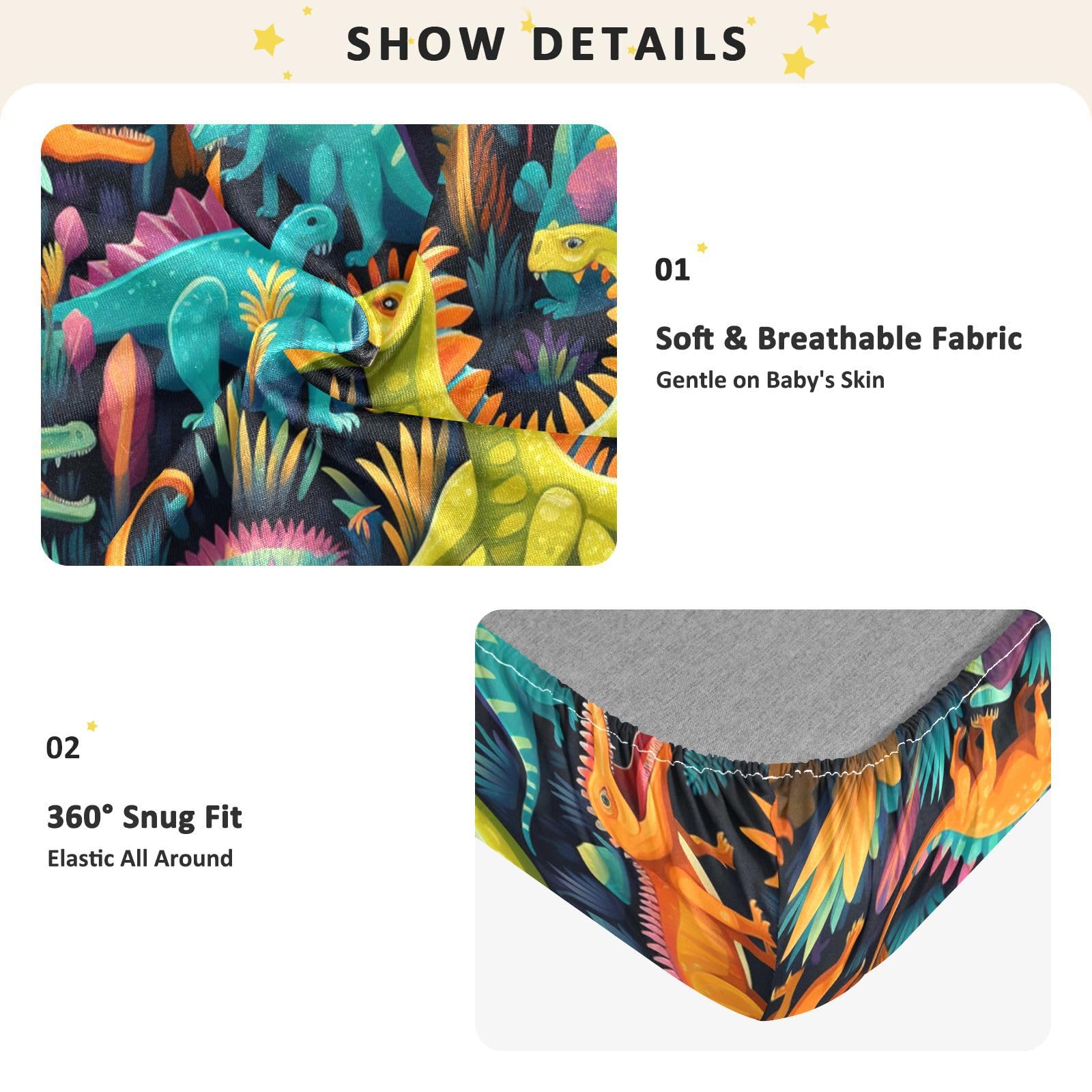 Dinosaures De Dessin Animé Coloré Drap Housse pour Lit BéBé en Coton Doux,Adapté au Matelas Parc