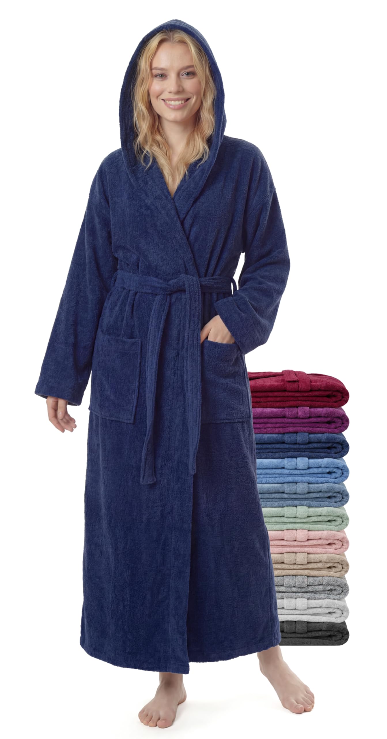 Jazzylab Women's Marine ’S Extra Long Bathrobe With Hood, 100% Cotton Terry 380 Gsm, L-Xl Long