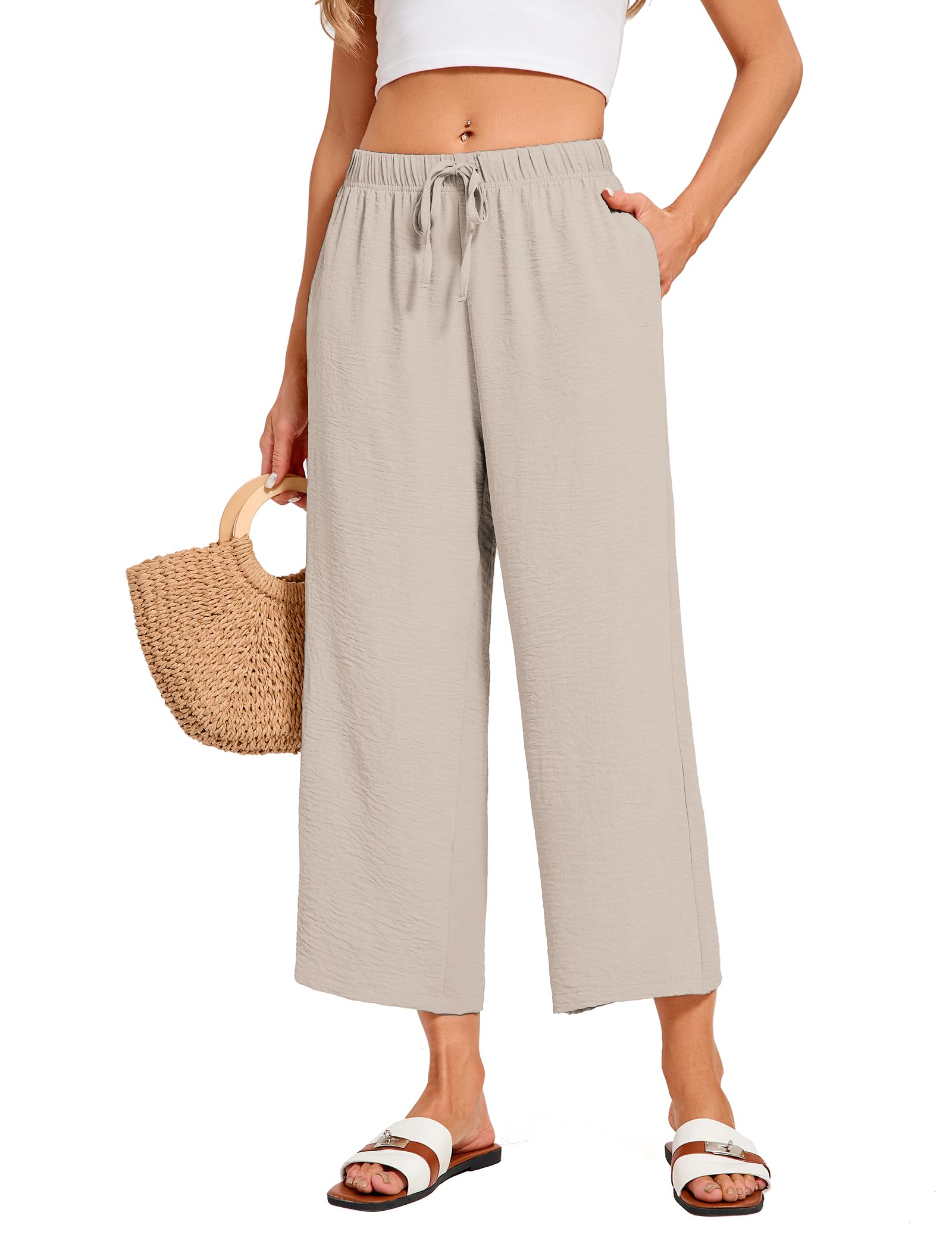 Palazzo Pants for Women Casual Wide Leg Cropped Beach Pants Loose Boho Flowy Trousers with Pockets Summer Outfit
