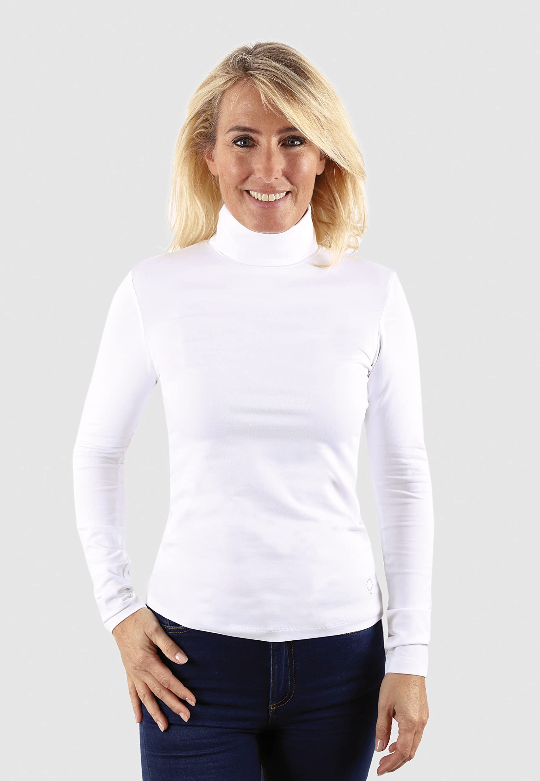 Bamboo 70309 - Camiseta de manga larga para mujer, cuello básico, manga larga, manga larga, camiseta básica de viscosa en color liso, bambú suave, Blanco, 40