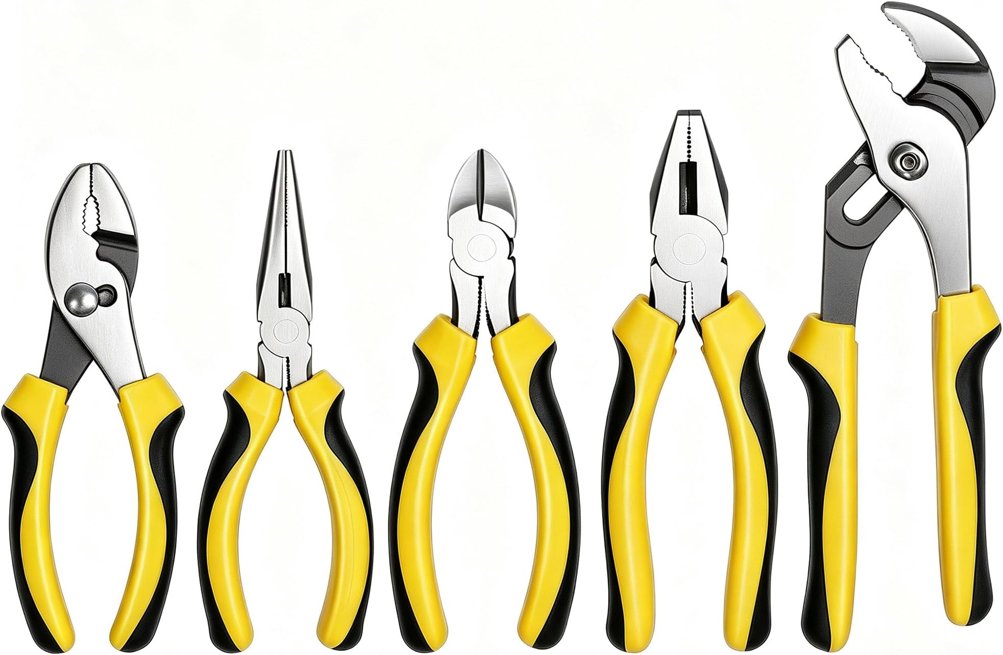 TOPLINE 5-Piece Pliers Set, Includes 8" Groove Joint, 7" Linesman, 6" Long Nose, 6" Slip Joint, 6" Diagonal Pliers for Home Maintenance