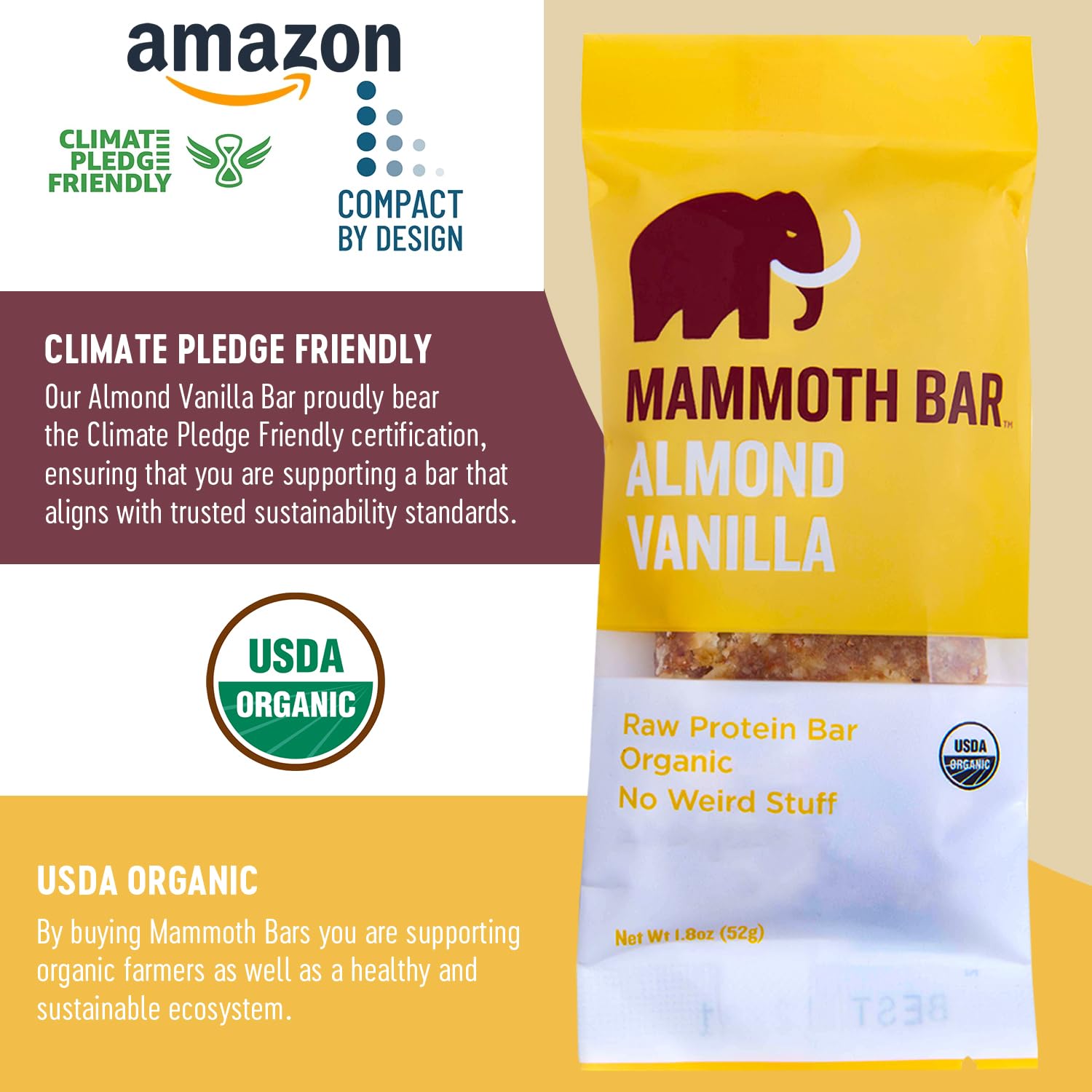 Mammoth Bar Almond Vanilla Bar - High Fiber • Paleo • Gluten Free • Egg Protein • GMO Free • Raw • Premium Nuts • Prebiotic • Acestral