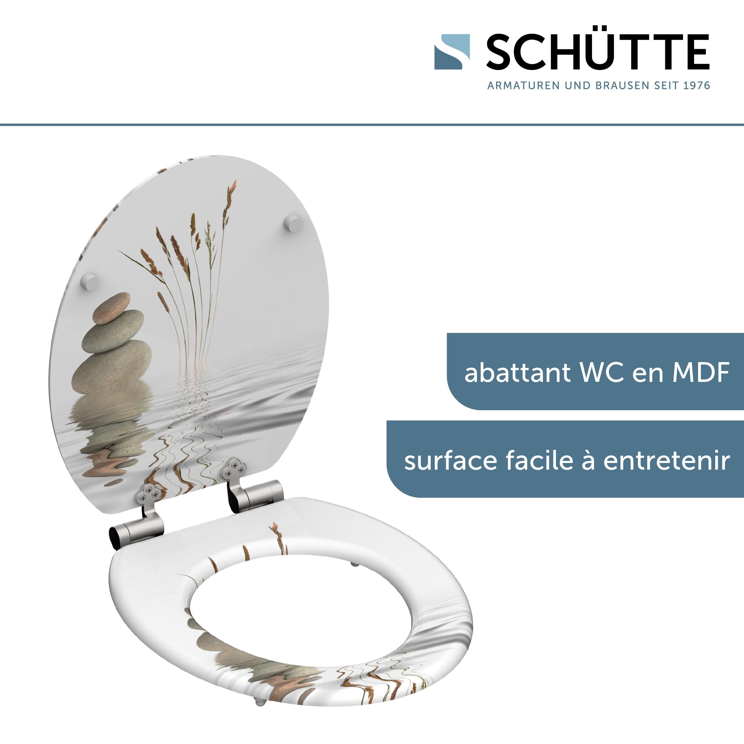 SCHÜTTE Abattant WC Wellness en MDF avec frein de chute Blanc Très grande résistance au poids, testée jusqu'à 150 kg