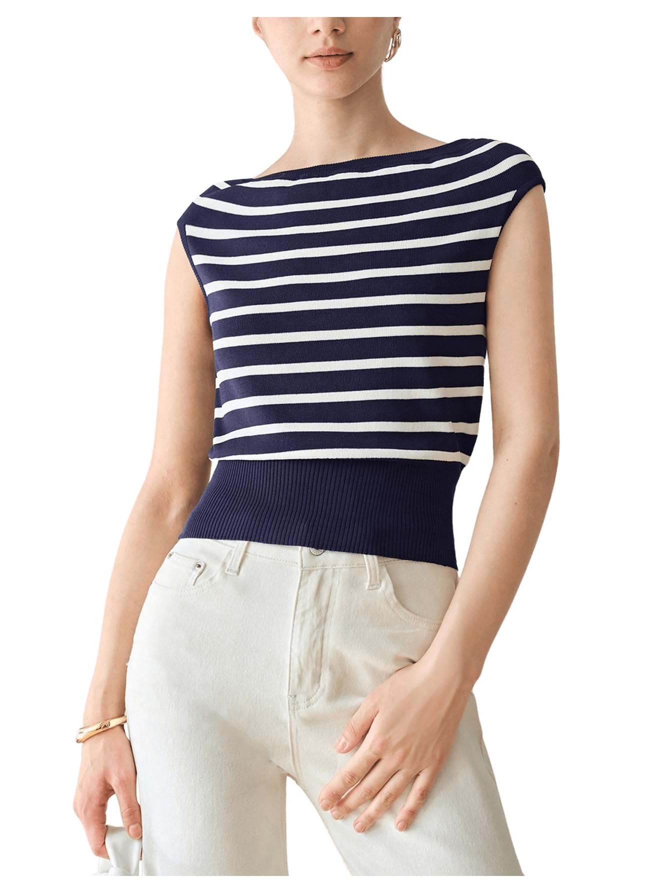 Photo 1 of ***DECORATIVE BUTTONS ARE LOOSE***BEAUDRM Women's Striped Sweater Vest Knitted Work Tank Top Boat Neck Cap Sleeve Business Trendy Shirts Blue and White Small***DECORATIVE BUTTONS ARE LOOSE***
