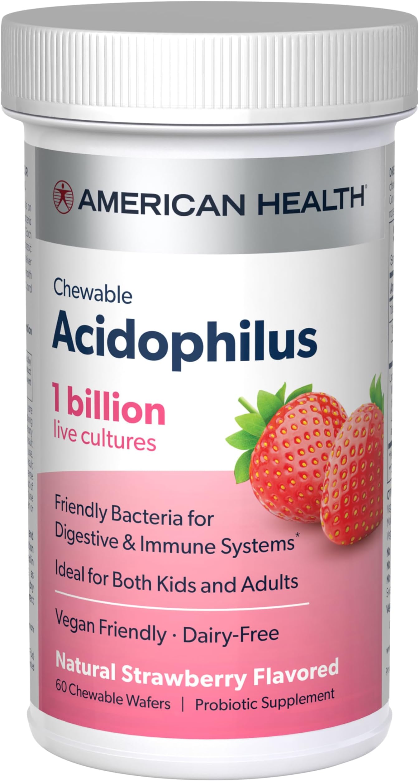 American Health Daily Chewable Tablet Acidophilus, 1 Billion Live Cultures, Beneficial Bacteria for The Digestive & Immune Systems, Strawberry, 60 Count