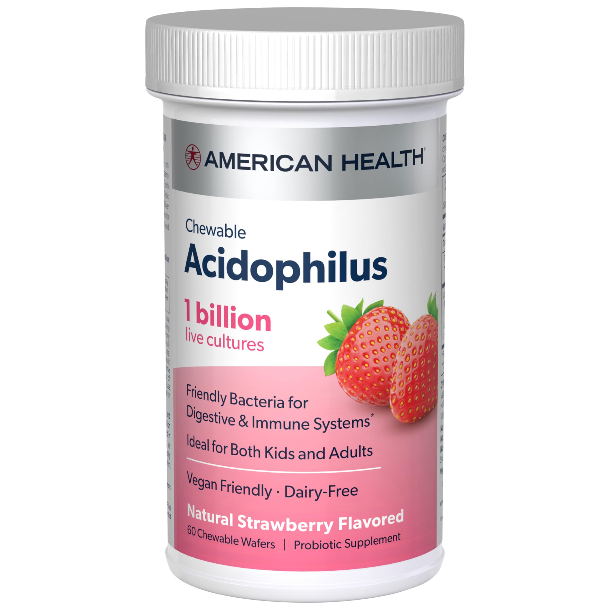 AMERICAN HEALTH Daily Chewable Tablet Acidophilus, 1 Billion Live Cultures, Beneficial Bacteria for The Digestive & Immune Systems, Strawberry, 60 Count