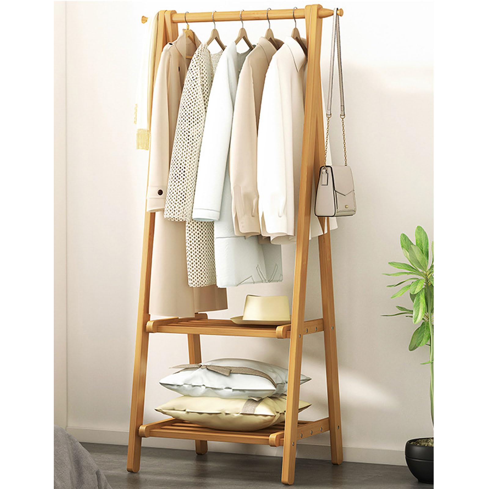 SHAPLE Clothes Stand Garment Rack Bamboo Freestanding Hanger Display Stand Drying Rack with Storage Shelves for Clothes Shoes Hats Bags in Entryway, Bedroom, Living Room, Guest Room,66 * 40 * 160cm,B