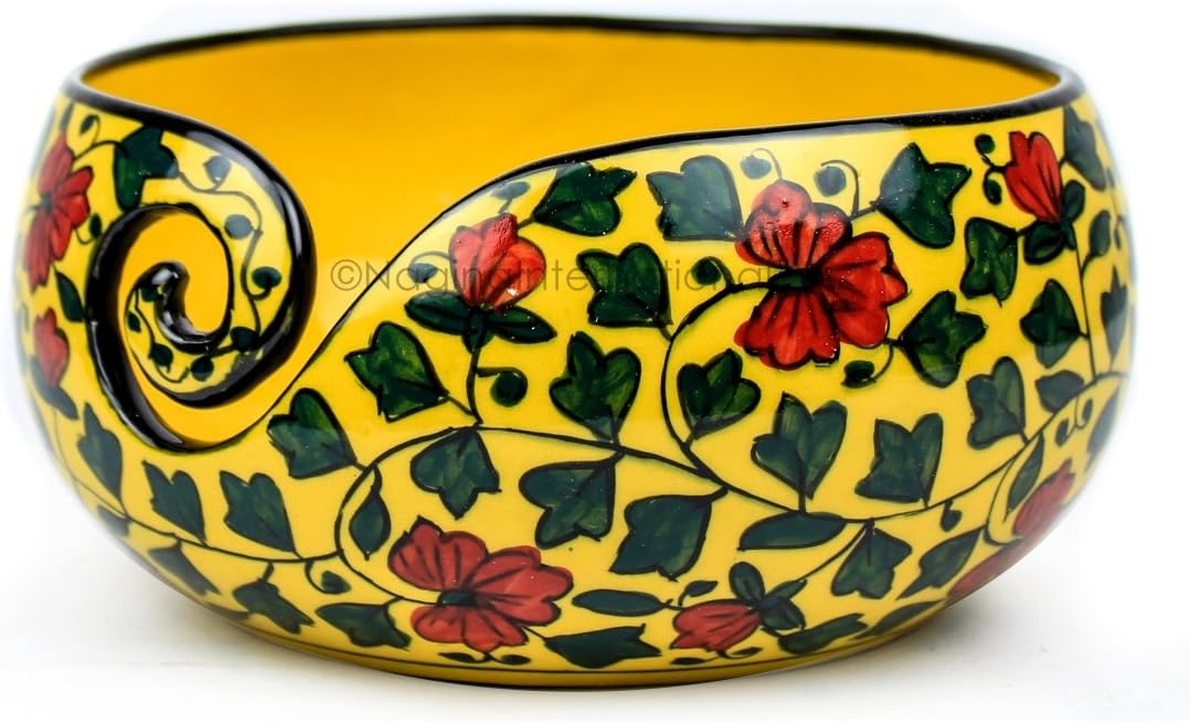 Nagina International Ceramic Attractively Hand Painted Gorgeous Stoneware Yarn Ball Storage Bowl With Innovative Dispensing Curl | Knitting & Crochet Accessions (Large, Yellow Shrubs)