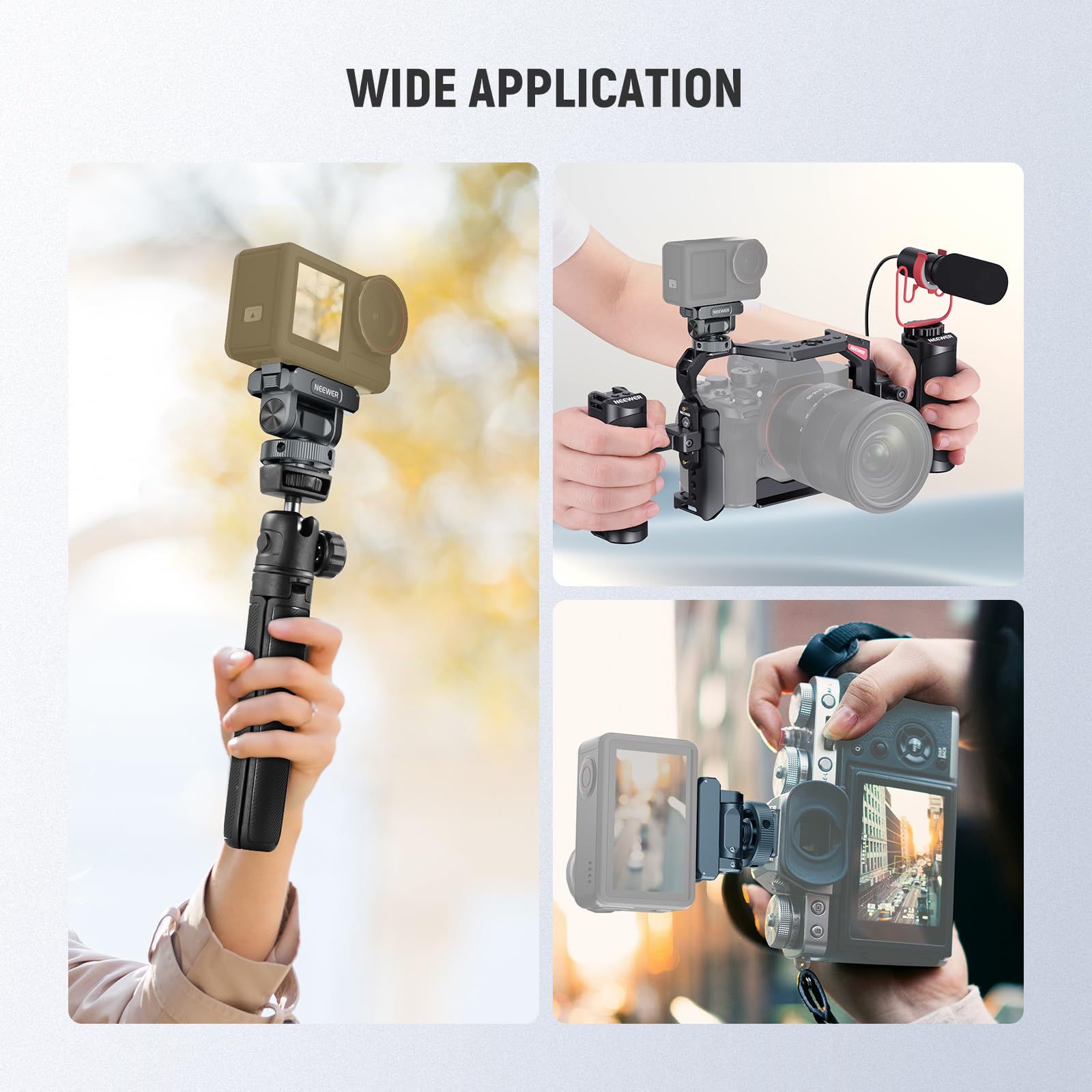 NEEWER Akcesoria do montażu magnetycznego kompatybilne z DJI Osmo Action 5 Pro / 4/3, Quick Release 160° Tilt Action Camera Adapter Mount z zimną stopką, gwint 1/10.2 cm, AC012 ciemnoszary