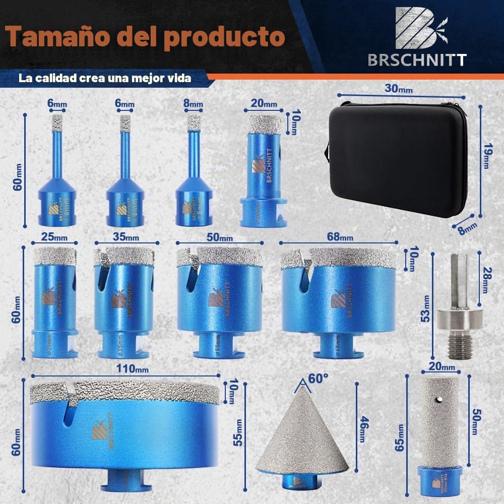 Juego de brocas de diamante para azulejos, porcelana, cerámica, mármol, granito, agujeros de 20 mm y 50 mm Fresa Diamantata 6/6/8/20/25/35/50/68/110&20 finger bit&50 chamfer bit