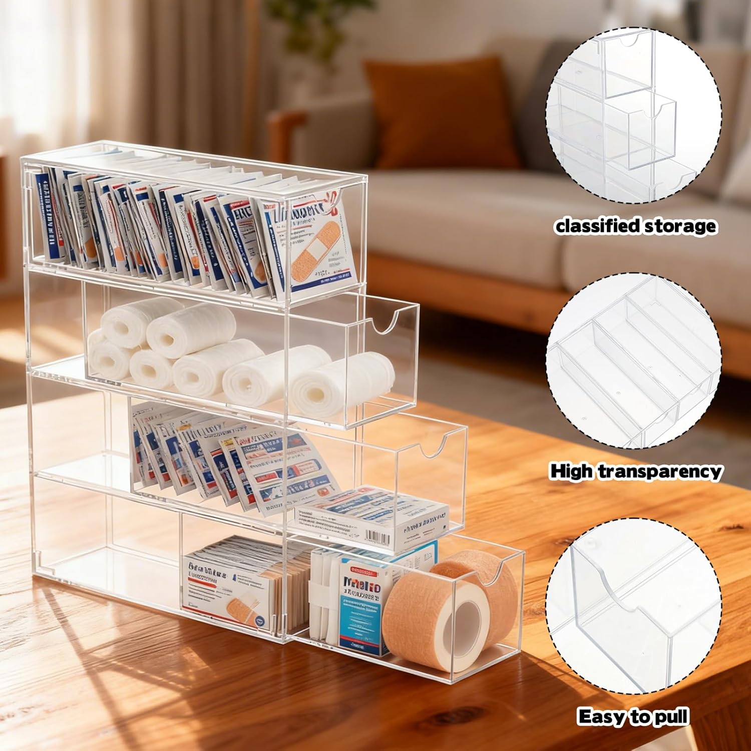 2 PCS Large Bandage Storage Organizer with Lid Acrylic Bandaid Storage Container with 8 Clear Drawers for Home Medicine Cabinet Office School Use Bandages Organizers for Elastic Bandage Wrap Swabs